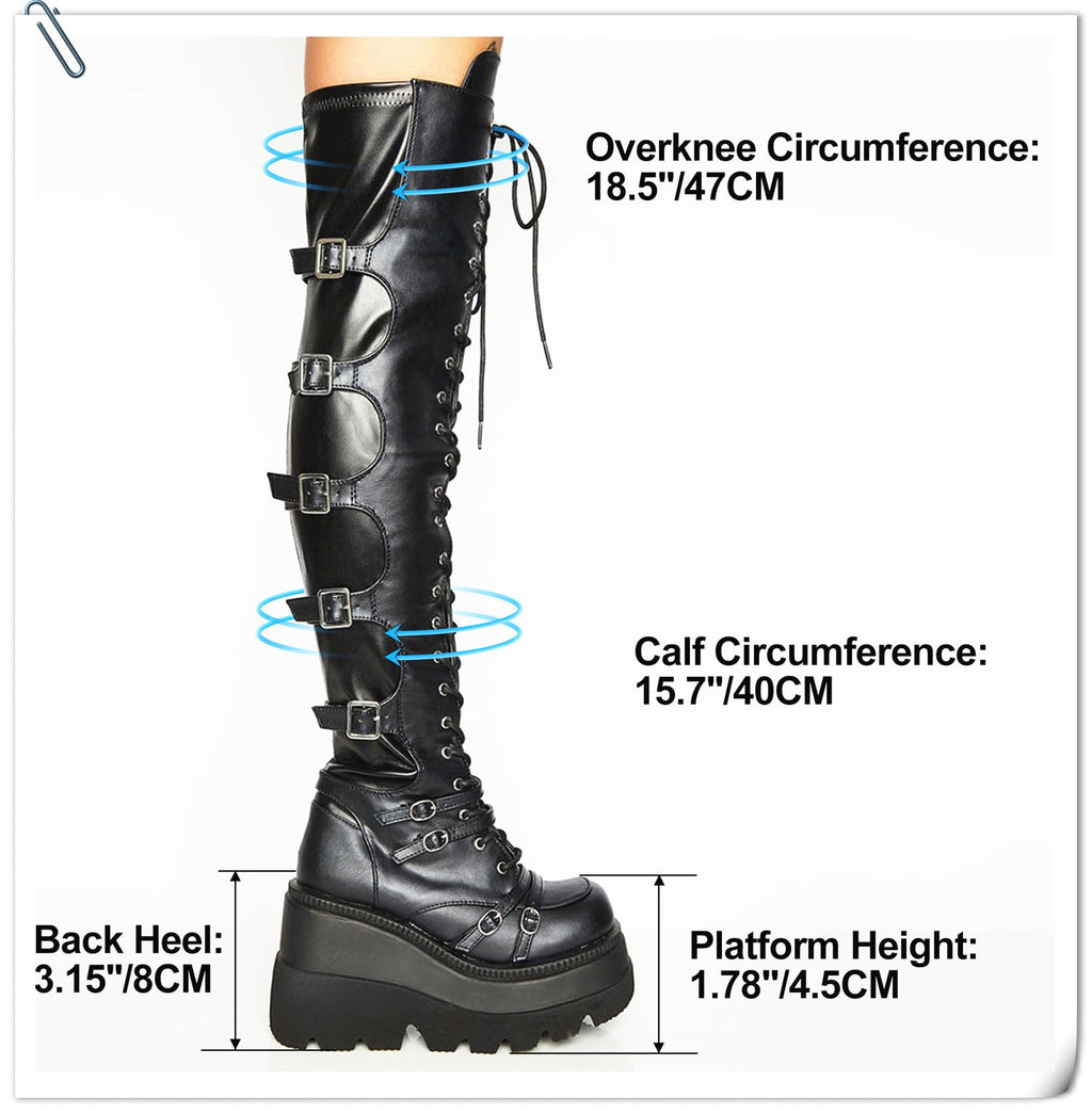 Gothniero Black Platform Boots Over Knee Thigh High Goth Boots for Women Chunky Heel Rave Motorcycle Boots with Buckles Side Zip Lace Boots Size5.5-10