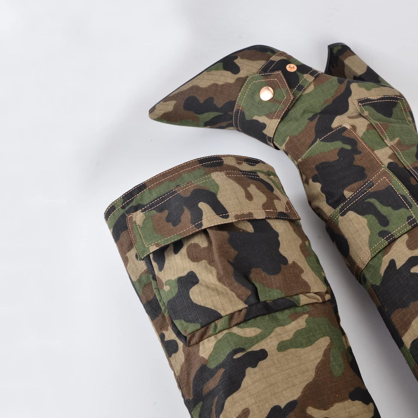 Arqa Women's Camo Knee High Boots Pointed Toe Block Heel Camouflage Boot with Metal Buttons Multiple Pockets Boot