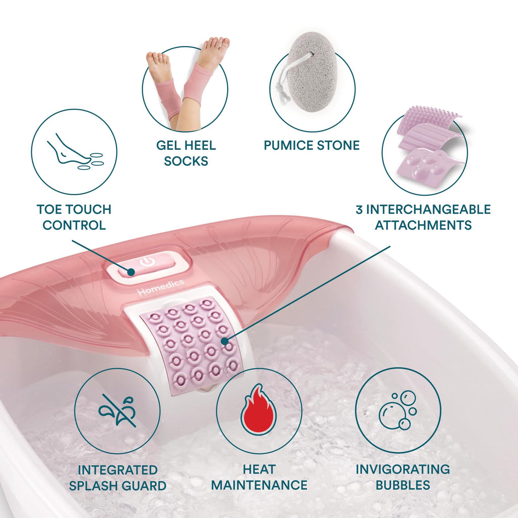 Homedics Bubble Bliss® Deluxe Footbath Gift Set – Heated Foot Spa with Invigorating Bubbles, 3 Massage Attachments, Pumice Stone, Moisturizing Heel Socks & Splash Guard for Ultimate Relaxation