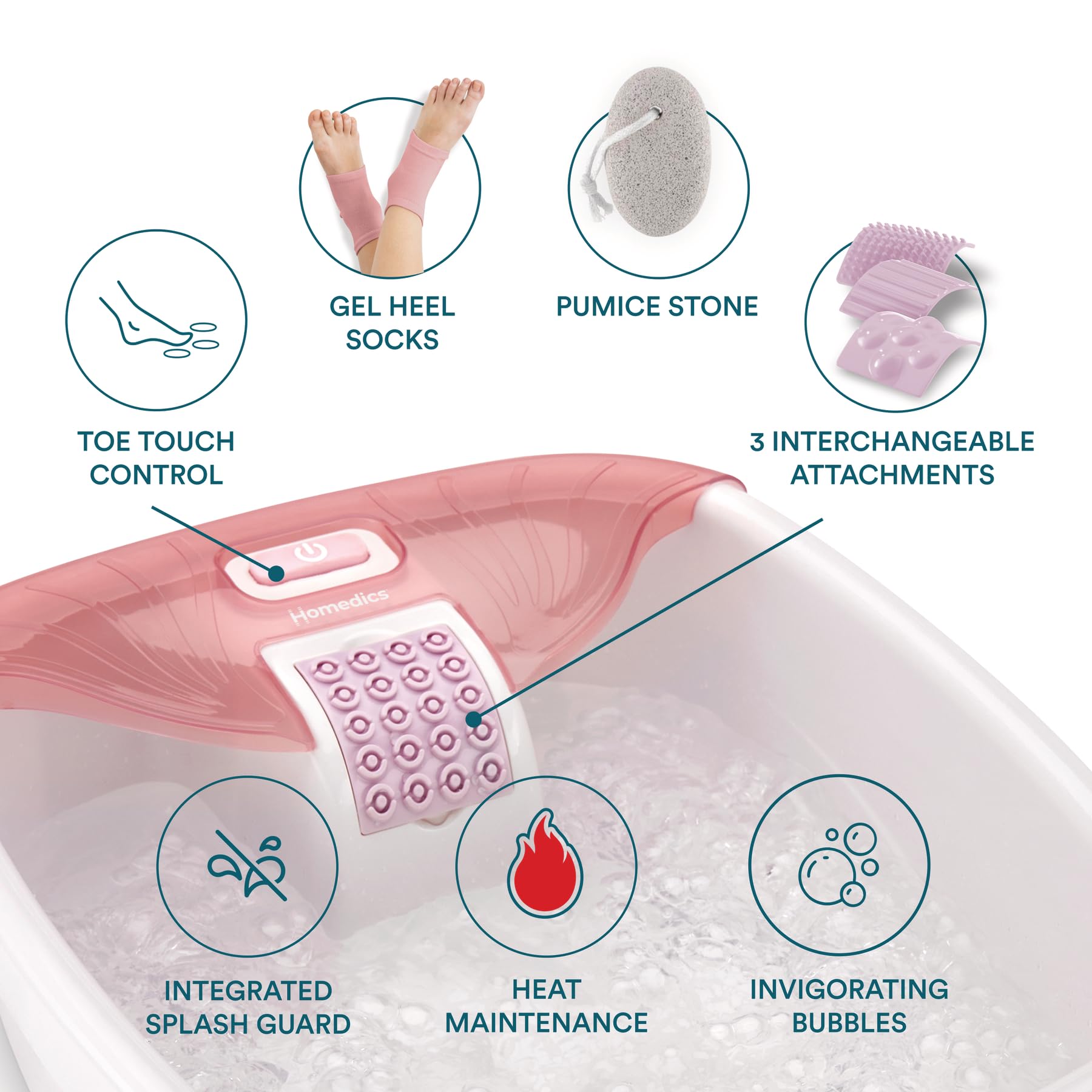 Homedics Bubble Bliss® Deluxe Footbath Gift Set – Heated Foot Spa with Invigorating Bubbles, 3 Massage Attachments, Pumice Stone, Moisturizing Heel Socks & Splash Guard for Ultimate Relaxation