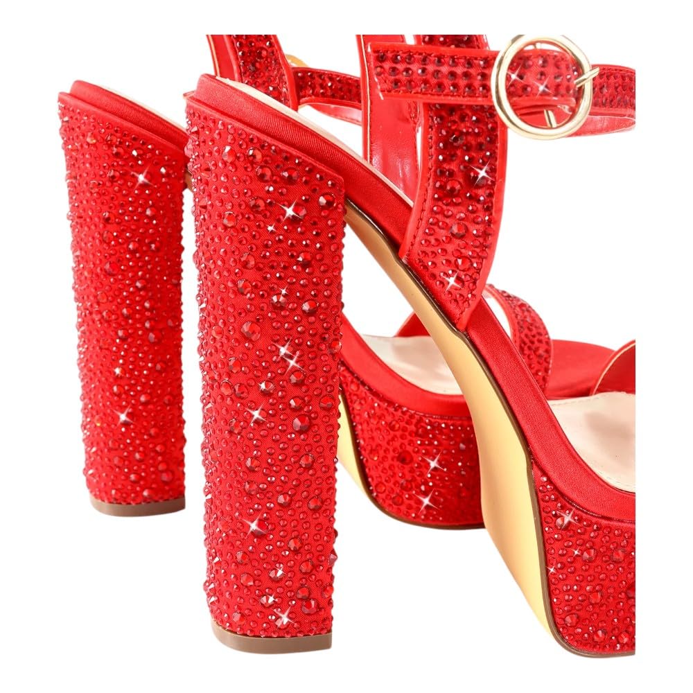 Liliana Womens Rhinestones Ankle Strap Chunky High Heels Sandals Fabiosa Red 7