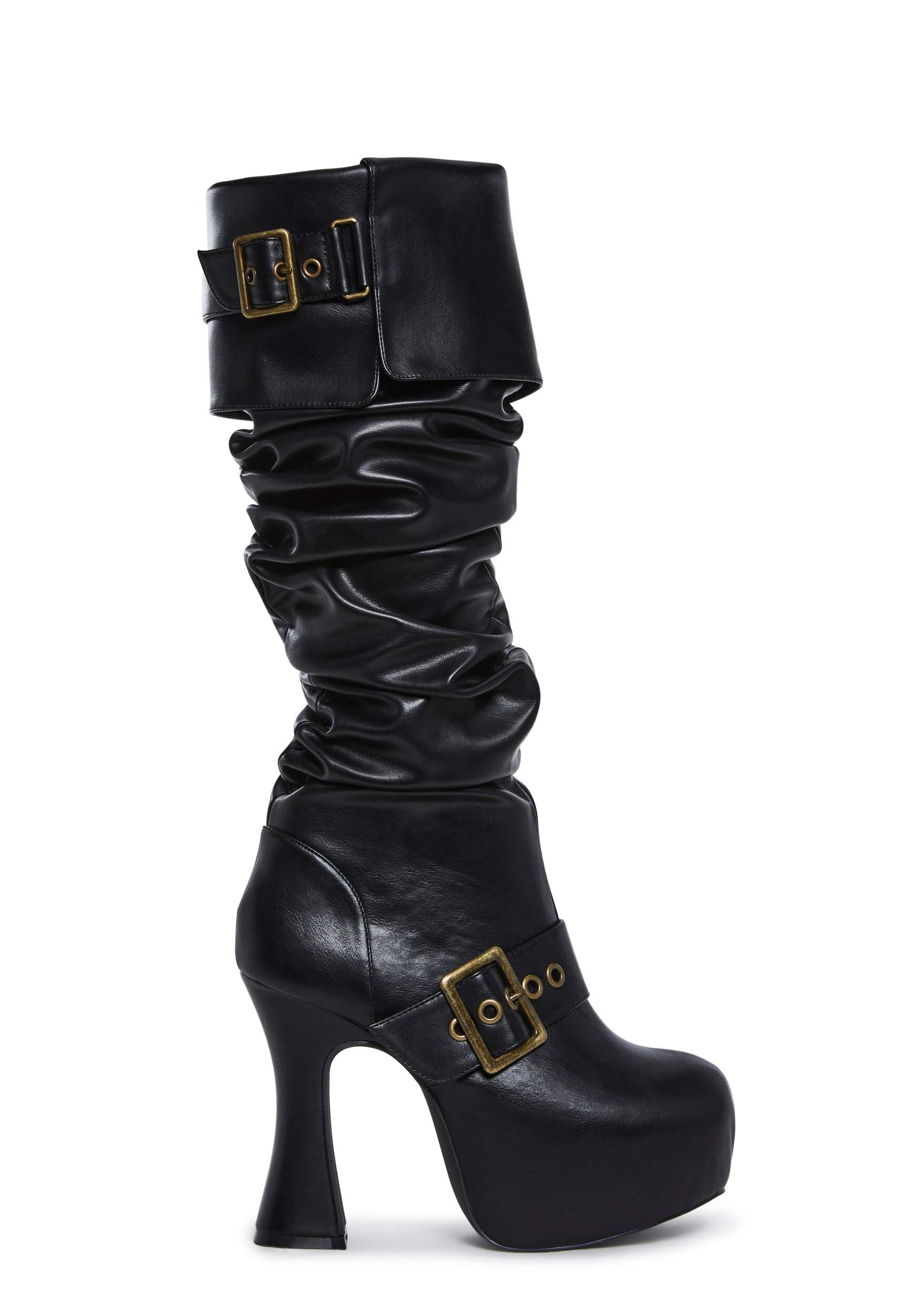 Dolls Kill Ren Faire Plat. Slouchy Boot by Trickz N’ Treatz – Women’s Vegan Leather Platform Boots with Buckles, Black, 10