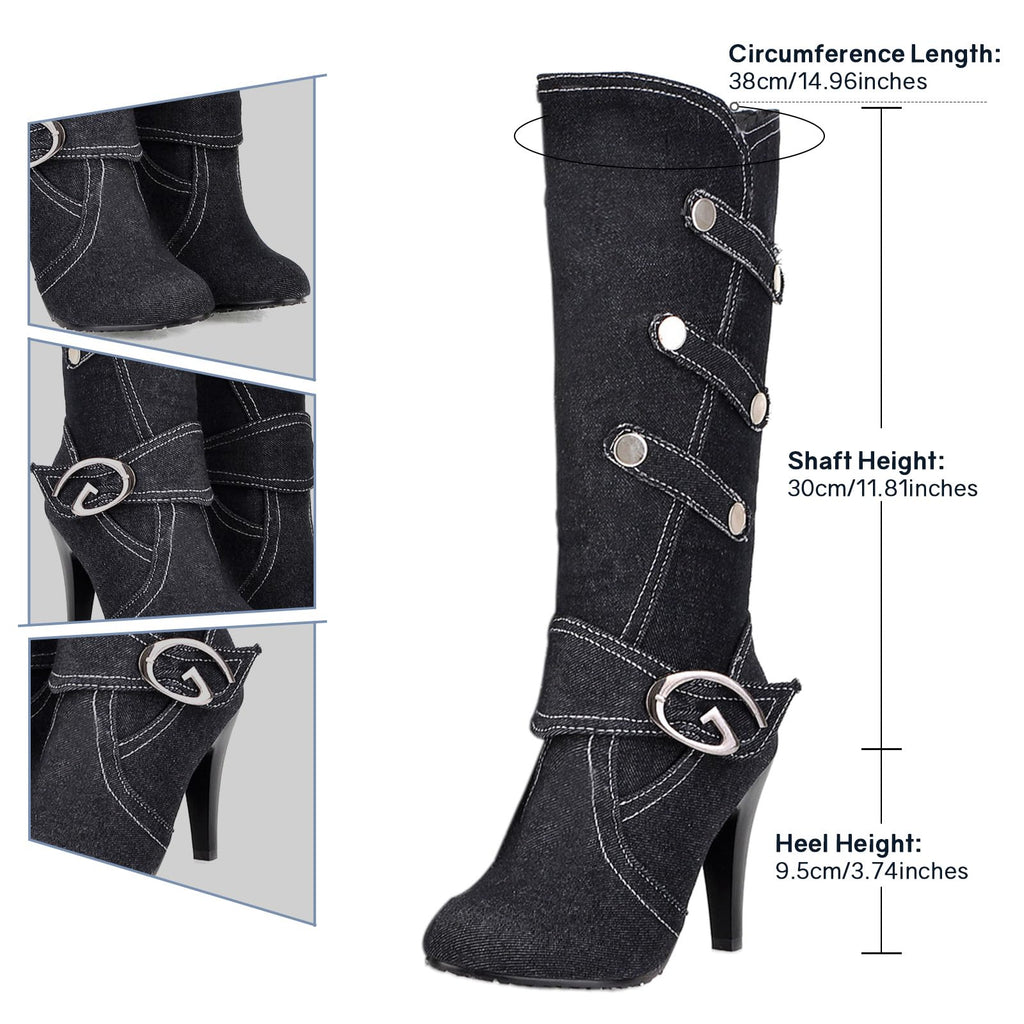 Uniquelly Womens Denim Knee High Boots Stiletto High Heel Mid Calf Slip On Round Toe Classic Retro Winter Shoes (Black,US7)