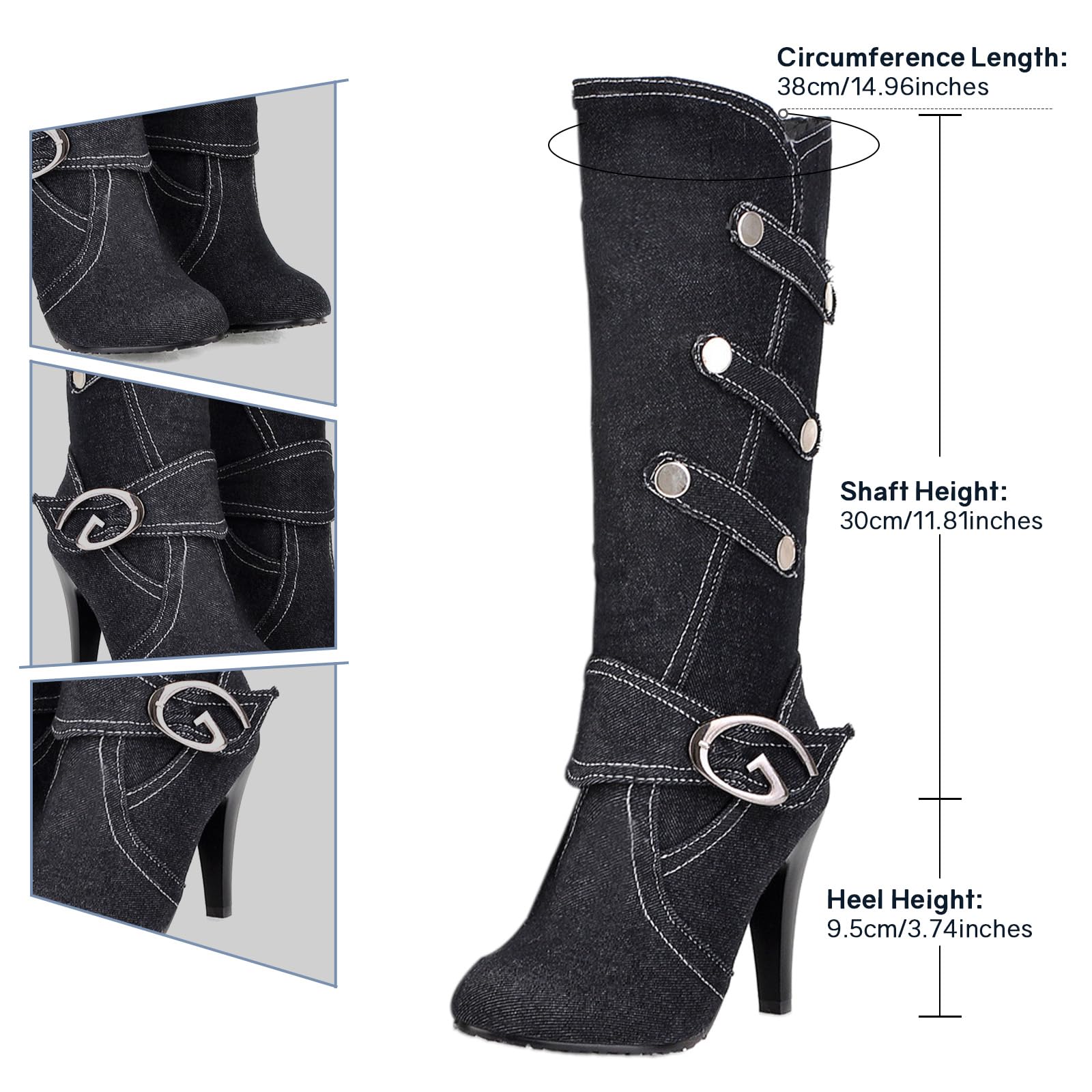 Uniquelly Womens Denim Knee High Boots Stiletto High Heel Mid Calf Slip On Round Toe Classic Retro Winter Shoes (Black,US7)