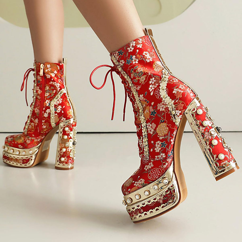 Red Feinlina Embroidered Fabric Gemstones Platform Chunky Ankle Boot