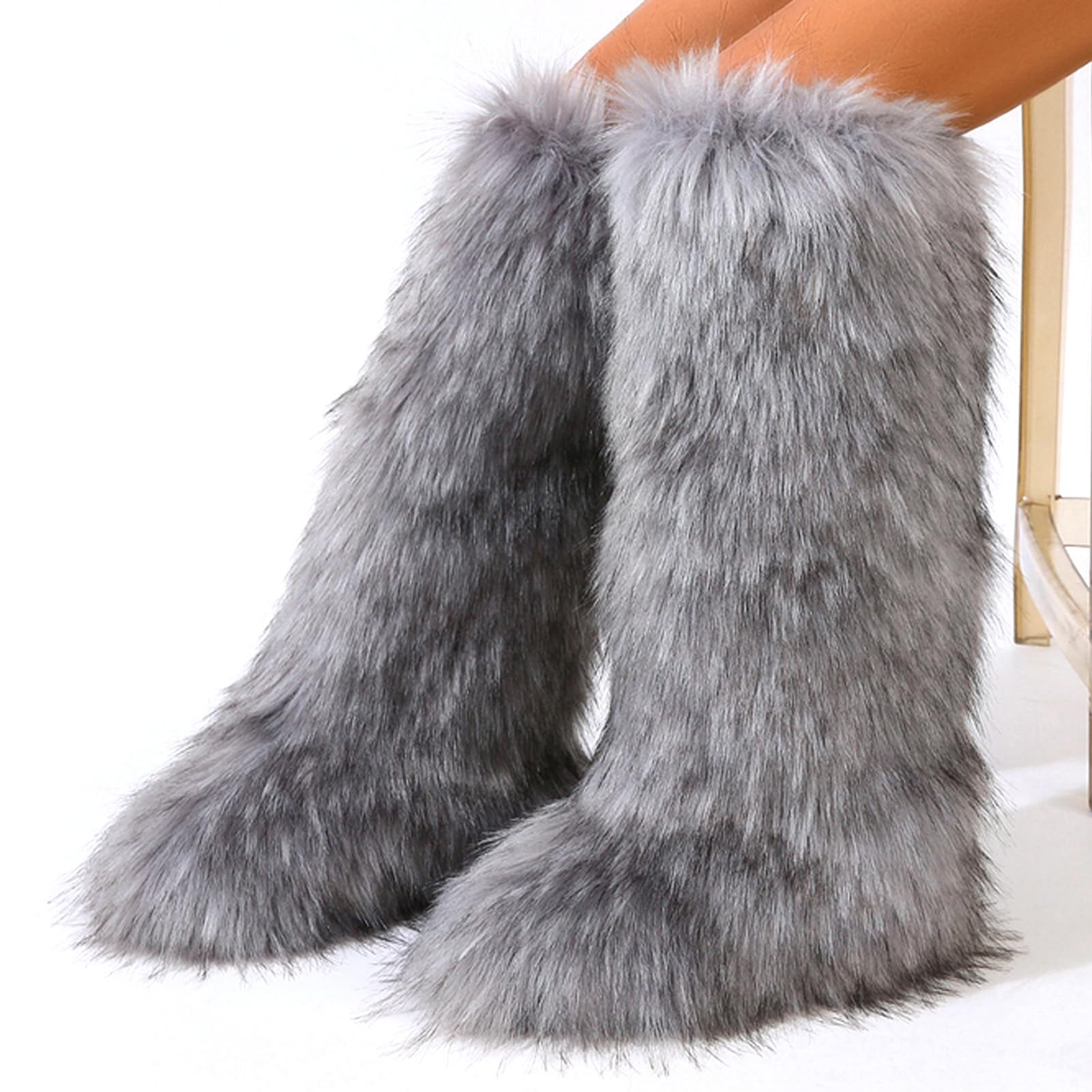 Valpeak Womens Faux Fur Boot Winter Fluffy Long Furry Boots for Girls Outdoor Fuzzy Knee-High Boots