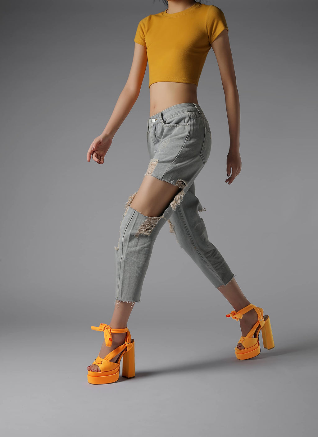 Orange vivianly Lace Up Platform Ankle Strap Heeled Sandals Satin Square Toe Chunky Block High Heels for Women