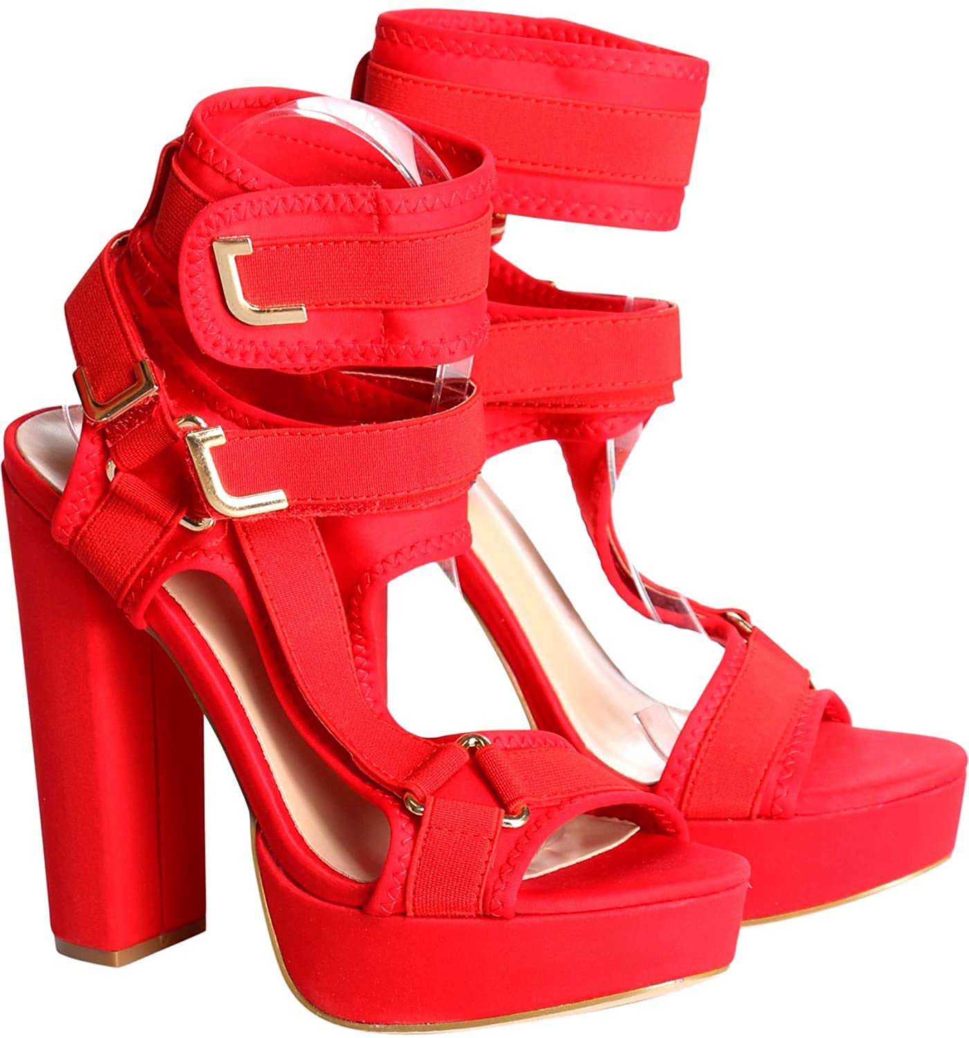 PAZZLE KEANDRA-07B Women's Chunky Platform Heels Open Toe Strappy Buckle High Heel Sandals (7, Red-01)