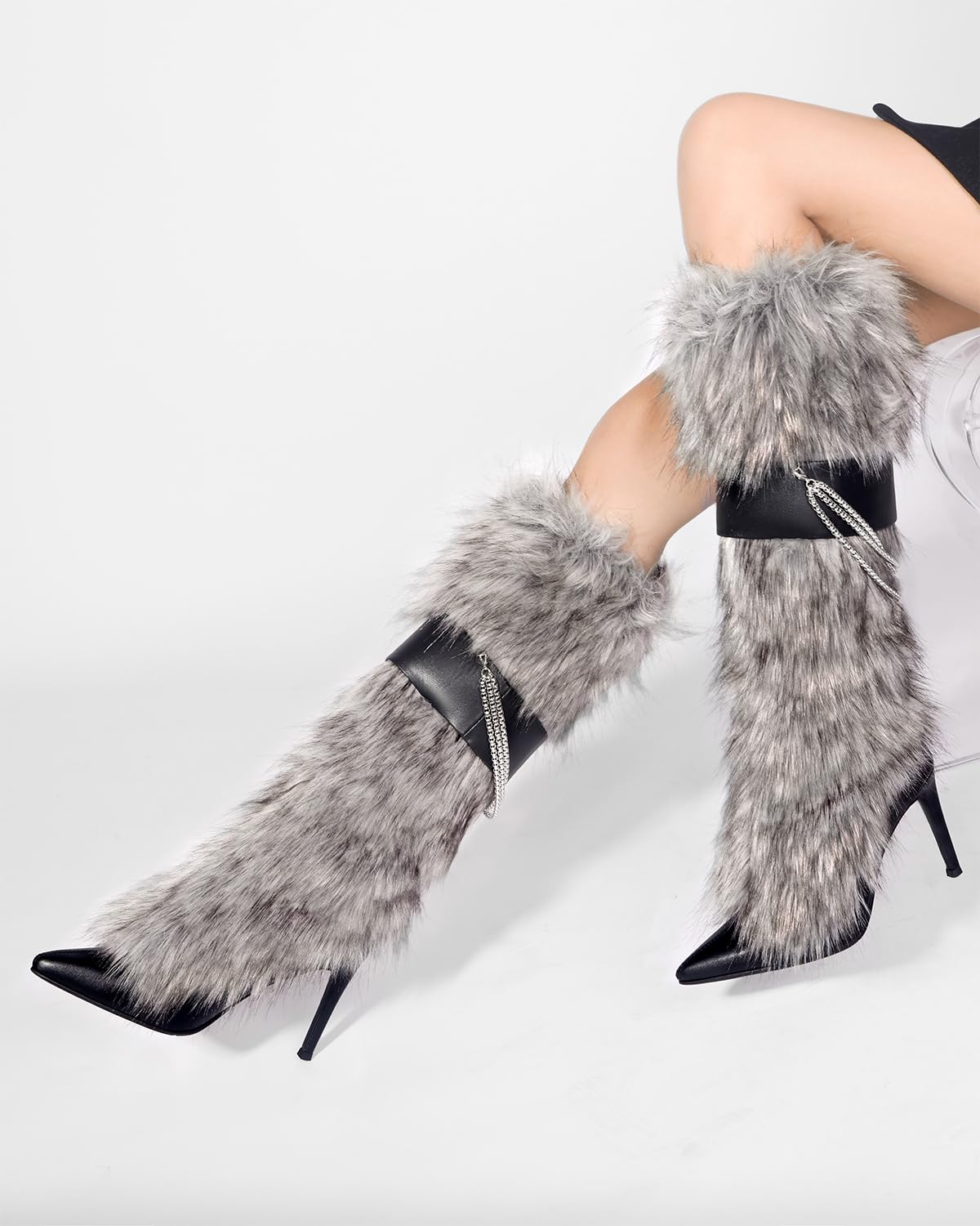 Ouwilov Women’s Gray Faux Fur High Heel Boots – Furry Stiletto Boots with Chain Detail & Stretch Knit Inner Shaft Elegant Winter Fur Boot Heels for Fashion Outfits & Cold Weather