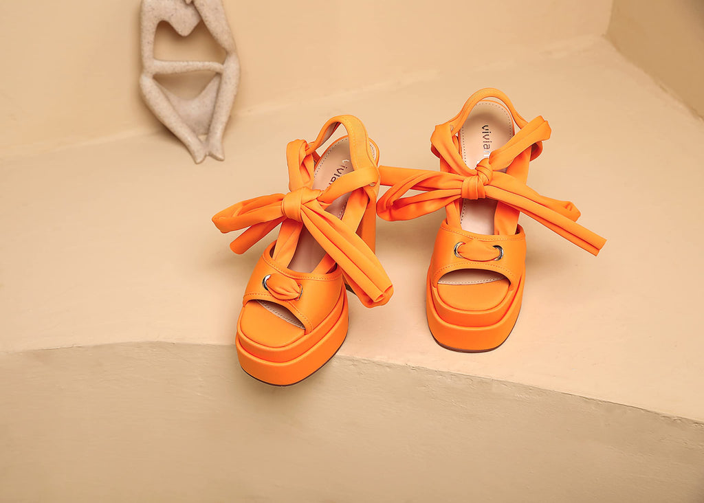Orange vivianly Lace Up Platform Ankle Strap Heeled Sandals Satin Square Toe Chunky Block High Heels for Women