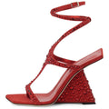 Kluolandi Women's Wedge Heeled Sandals Open Toe Criss-cross Strappy Sandals Heels Party Dress Shoes Red Crystal Heels