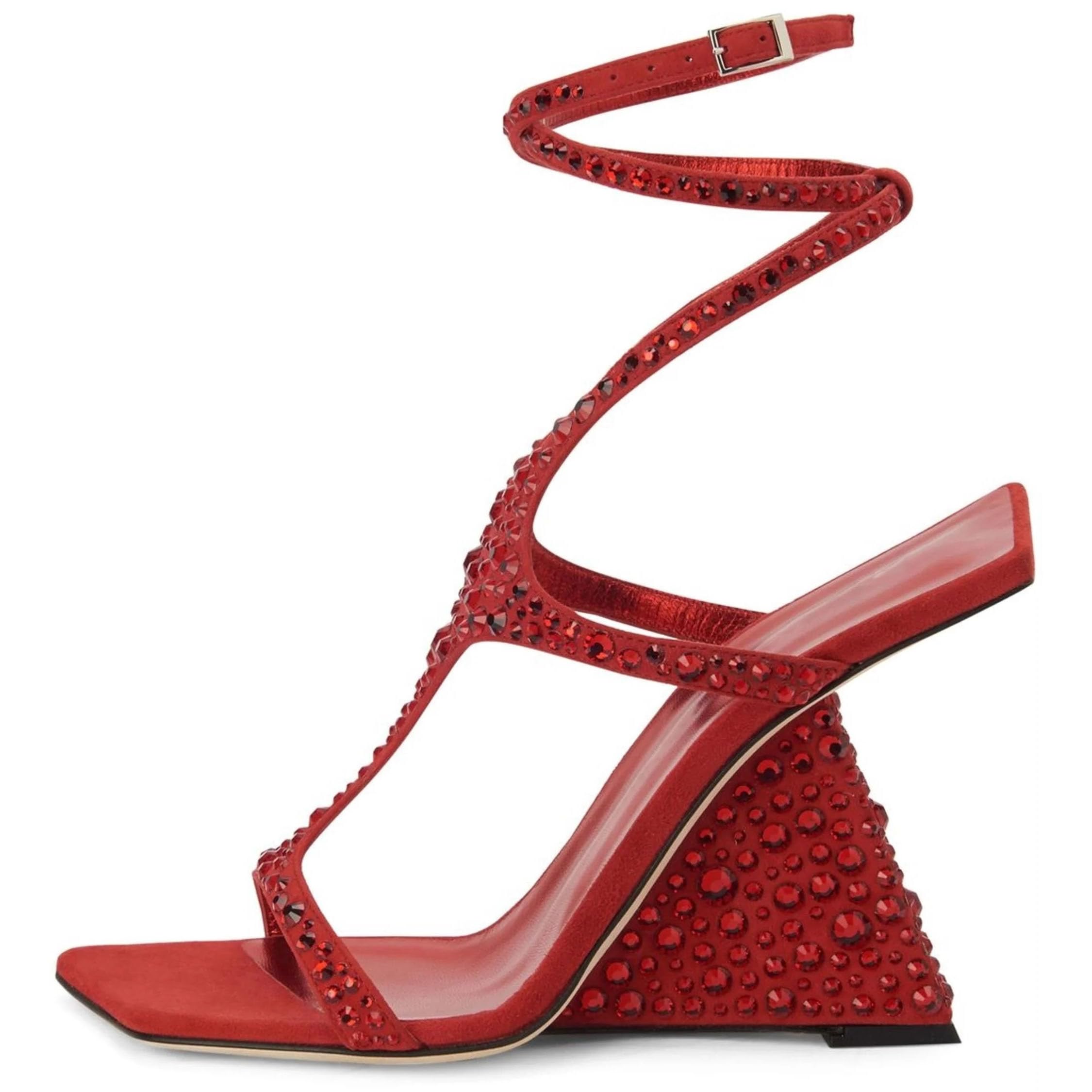 Kluolandi Women's Wedge Heeled Sandals Open Toe Criss-cross Strappy Sandals Heels Party Dress Shoes Red Crystal Heels