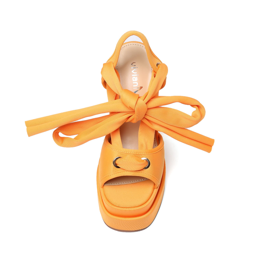 Orange vivianly Lace Up Platform Ankle Strap Heeled Sandals Satin Square Toe Chunky Block High Heels for Women