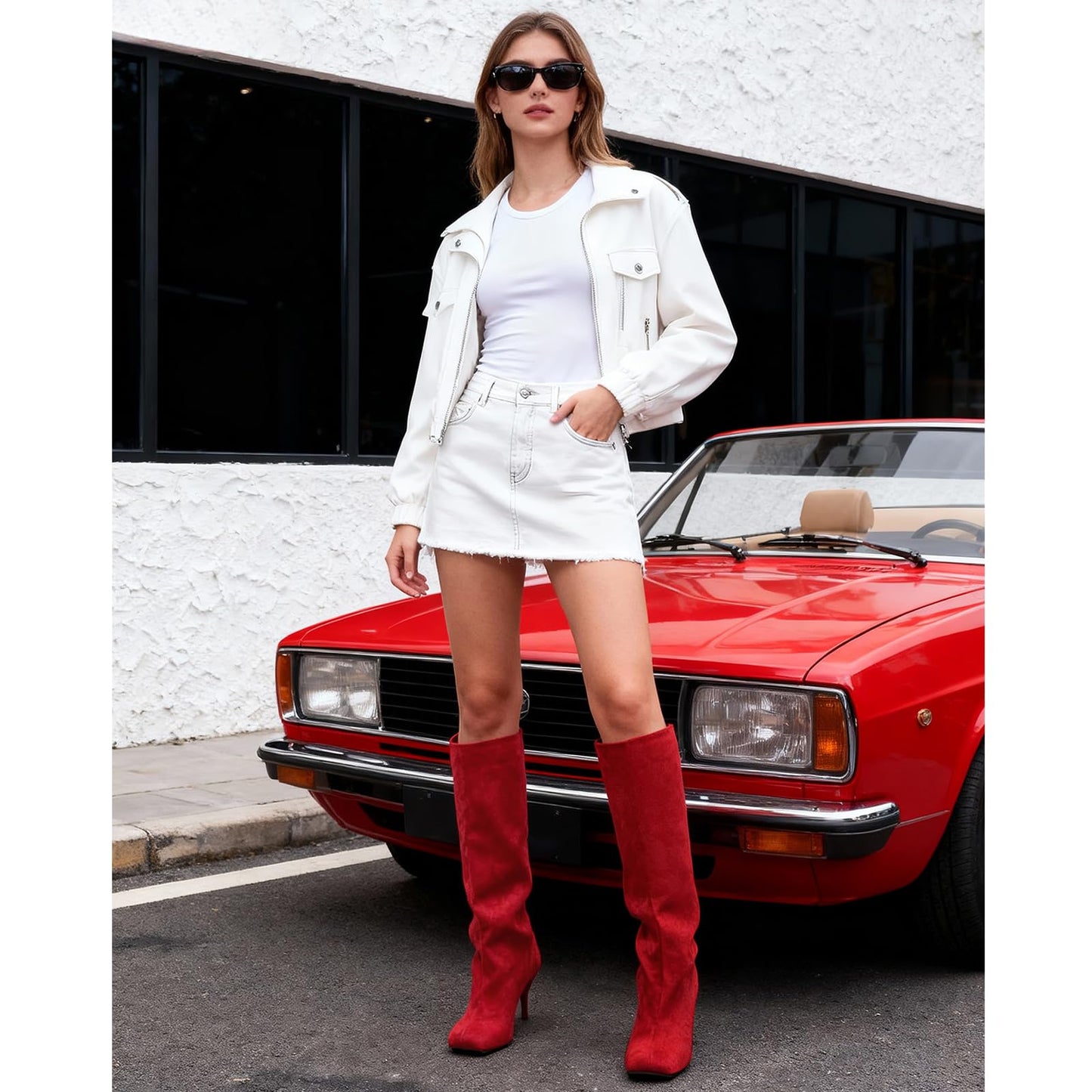 VOZTOLLS Knee High Boots Women Square Toe Kitten Heel Tall Boots Suede Wide Calf Pull-on Comfortable Fashion Dress Heeled Long Boots Red Size 7