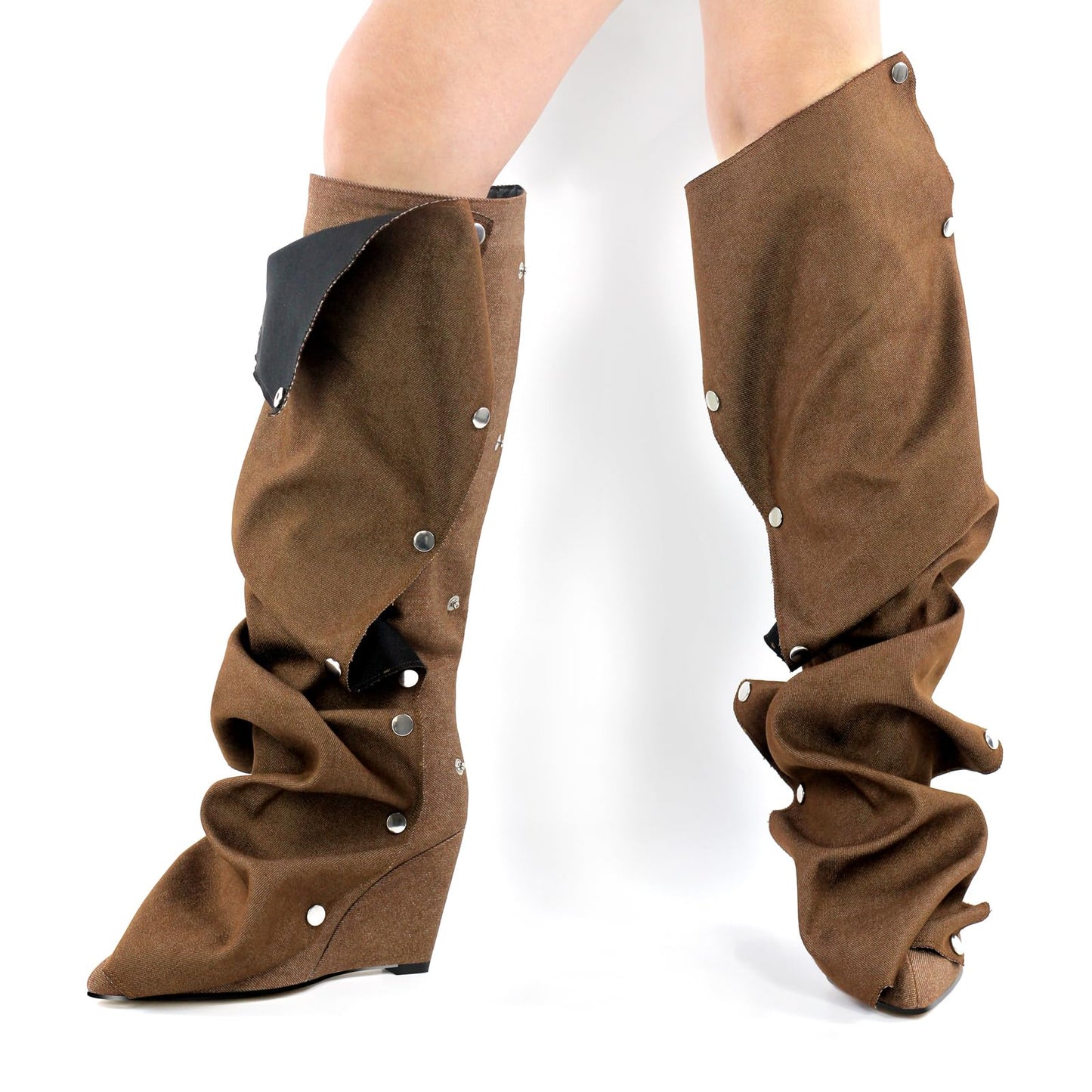 pinokino Wedge Heel Shark Boots for Women Knee High Foldover Ruched Scrunch Stiletto Heel Snap Buttons Pull on Slouchy Boots Denim Brown