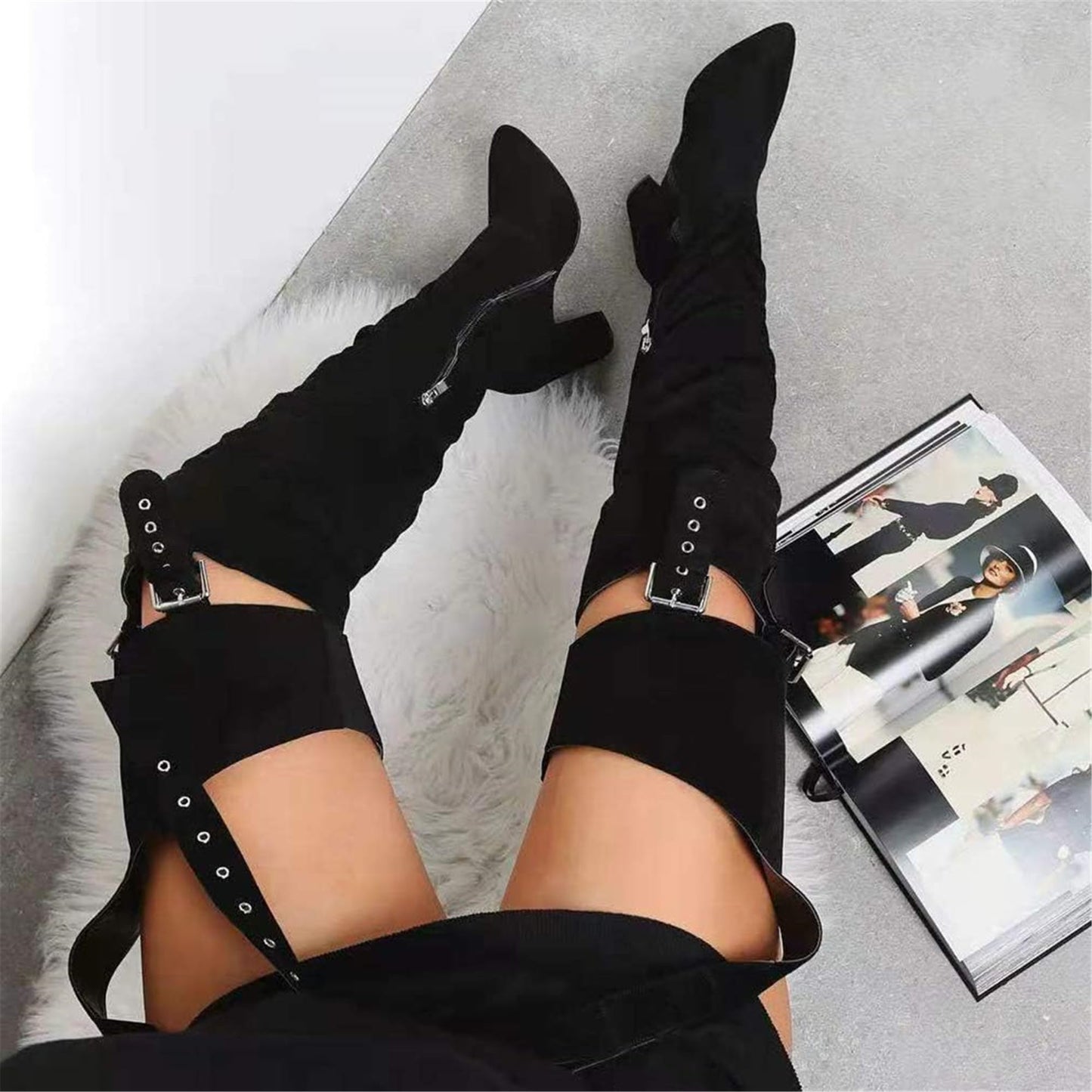 HiColor Women's Belted Pointed Toe high Boots Striking Buckle Strap Fashion thick Heel Thigh high Boot(Black US11)
