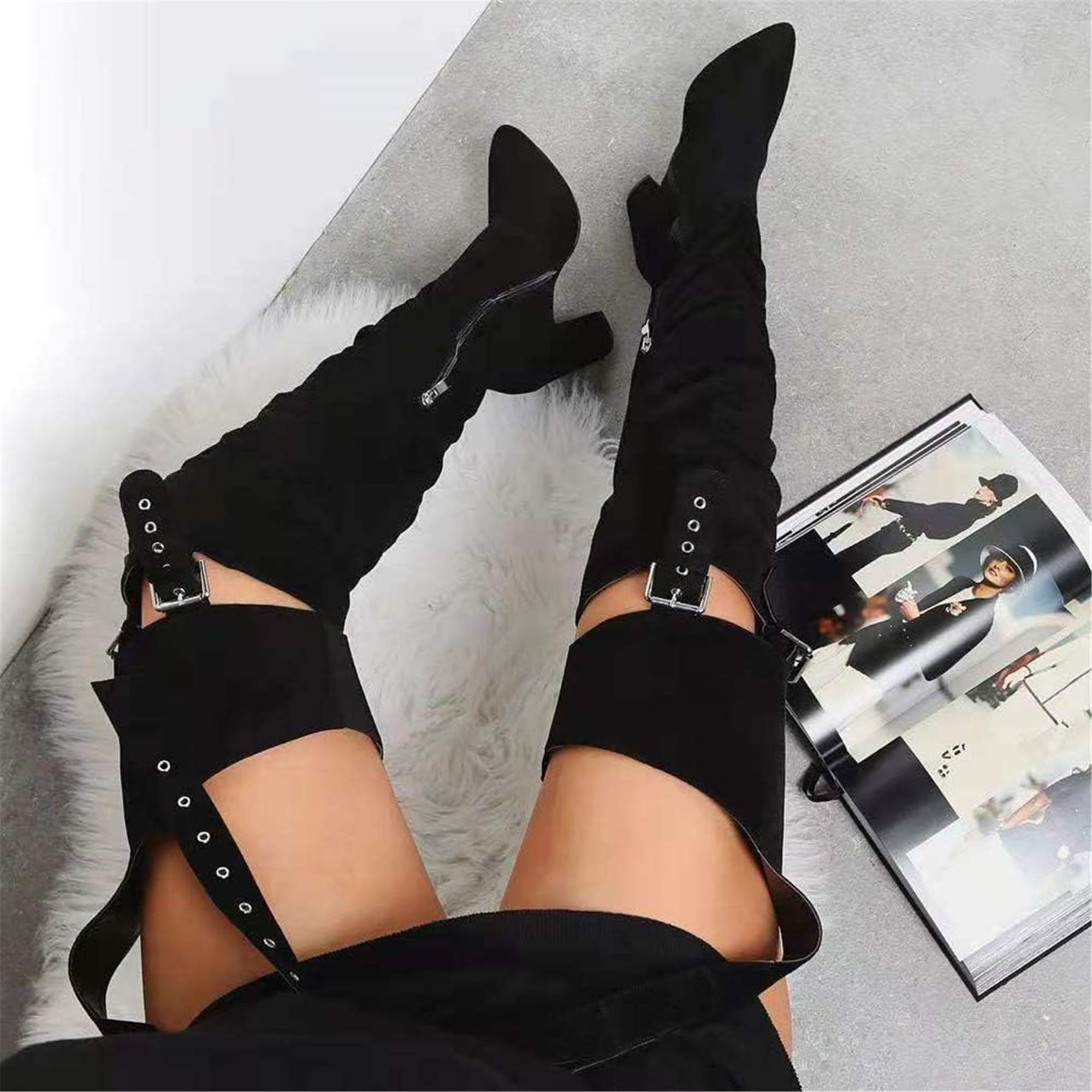 HiColor Women's Belted Pointed Toe high Boots Striking Buckle Strap Fashion thick Heel Thigh high Boot