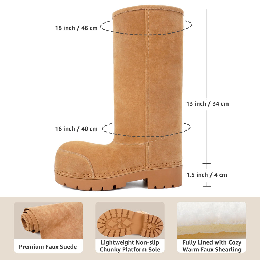 COMJUY Women’s Tall Snow Boots Brown Warm Faux Fur Lined Waterproof Suede Winter Shoes Non Slip Chunky Sole
