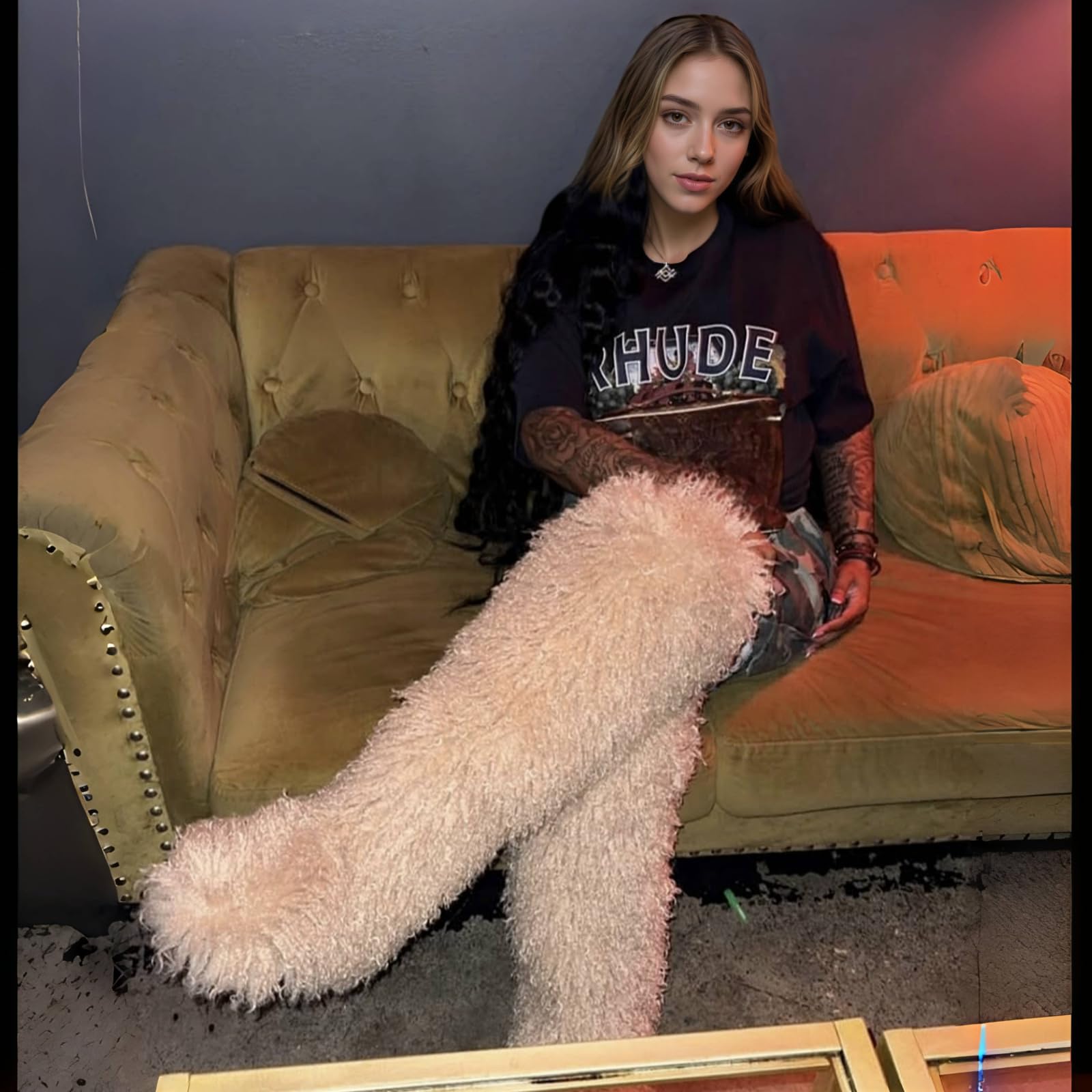 YFJNV Black Thigh High Fur Boots, Over the Knee Fluffy High Boots, Tall Furry shoes for Women (Light Khaki,6)