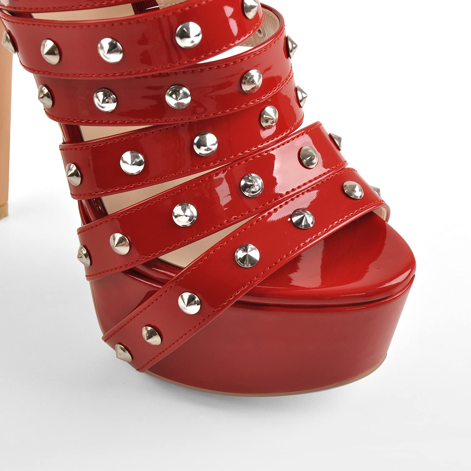 richealnini Rivets Belt Straps Heels for Women Studded Buckle Punk Sandals with Platform Red Stiletto Heels Adjustable Buckle Strappy Heeled Sandals Peep Toe Stylish Dance Wedding Shoes Size 7