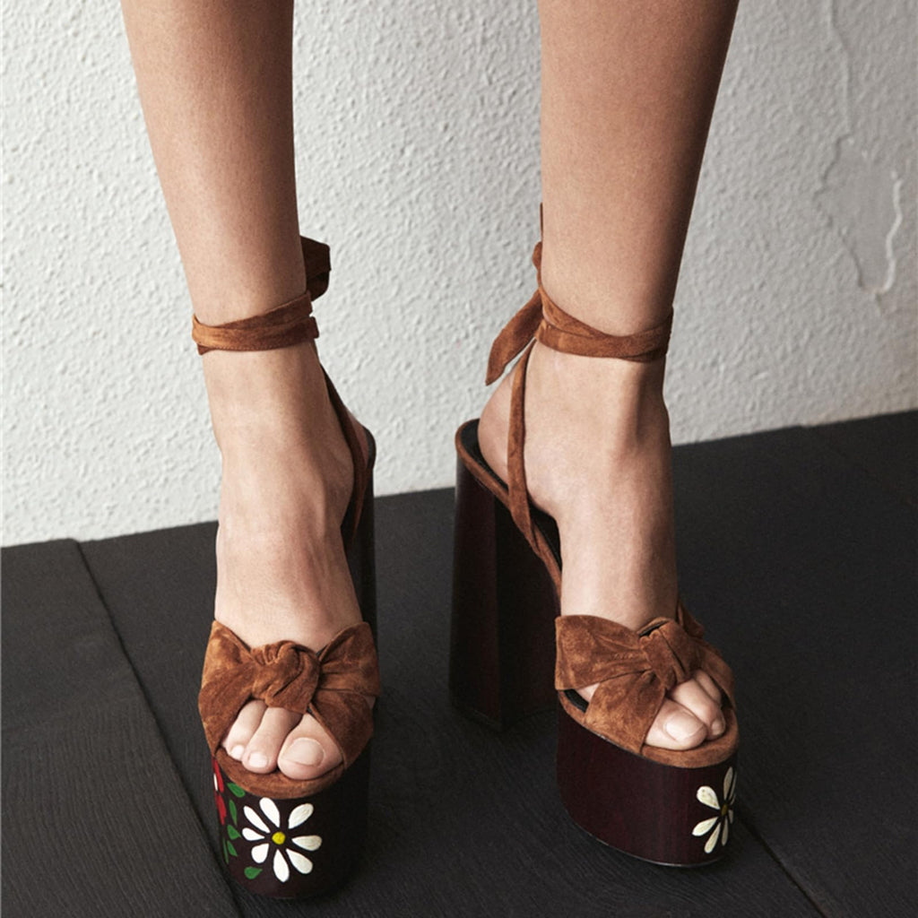 Fuazuzu Platform Strappy Heels Sandals for Women, Chunky Heel Round Peep Toe Ankle Strap Sandals for Prom Wedding Date Night Dressy Party Shoes, Floral Brown 8