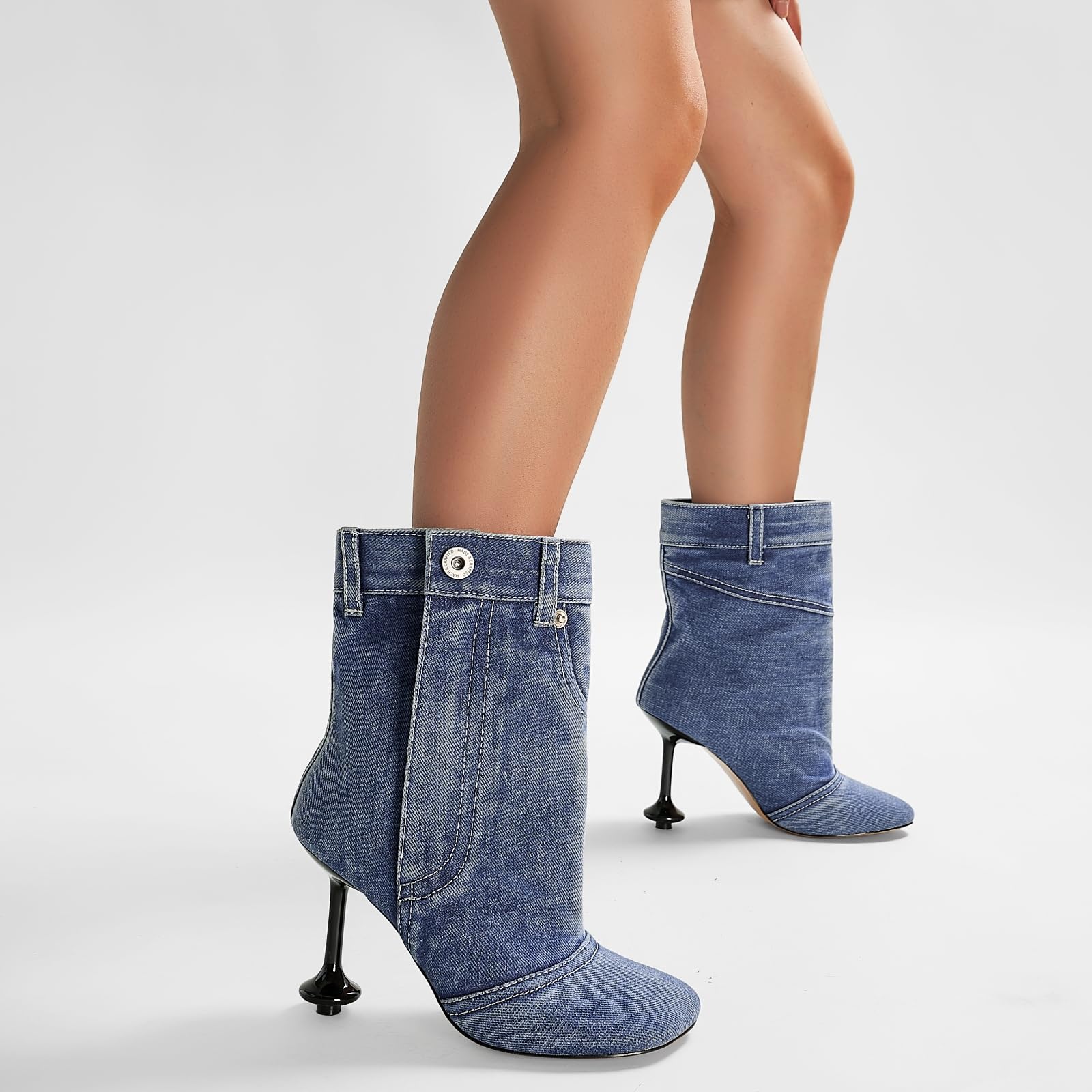 Fuazuzu Vintage Denim Stiletto High Heeled Cowboy Pockets Boots for Women, Mid Wide Calf Round Toe with Metal Button for Fashion Dress Booties,Blue 8