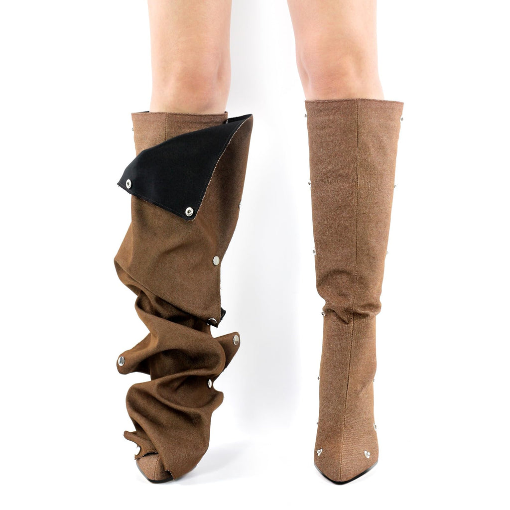pinokino Wedge Heel Shark Boots for Women Knee High Foldover Ruched Scrunch Stiletto Heel Snap Buttons Pull on Slouchy Boots Denim Brown