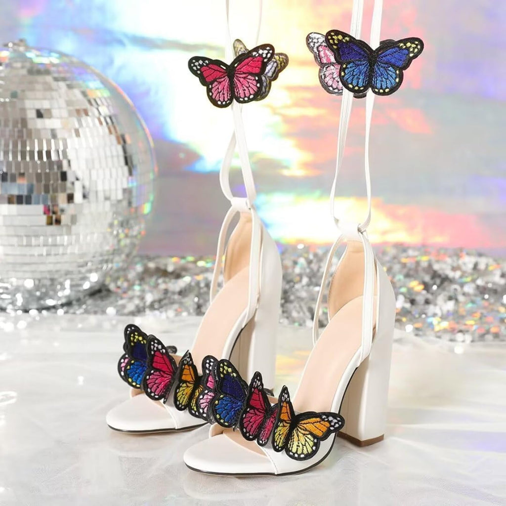 Strappy Sandals for Women Butterfly Ankle Wrap Block Heeled Sandals Open Toe Lace-up Chunky Heels Sandal Wedding Bride Dressy Pumps