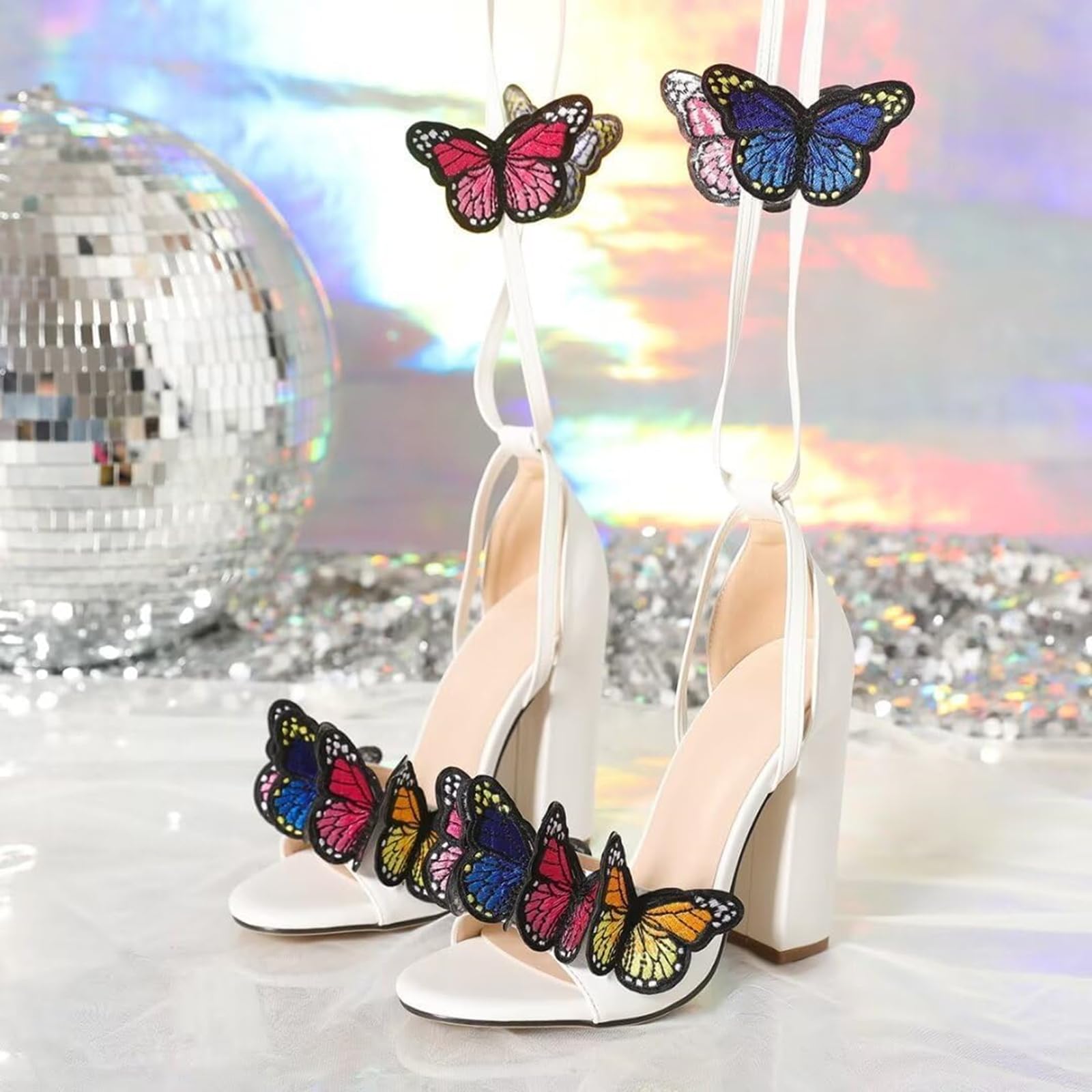 Strappy Sandals for Women Butterfly Ankle Wrap Block Heeled Sandals Open Toe Lace-up Chunky Heels Sandal Wedding Bride Dressy Pumps