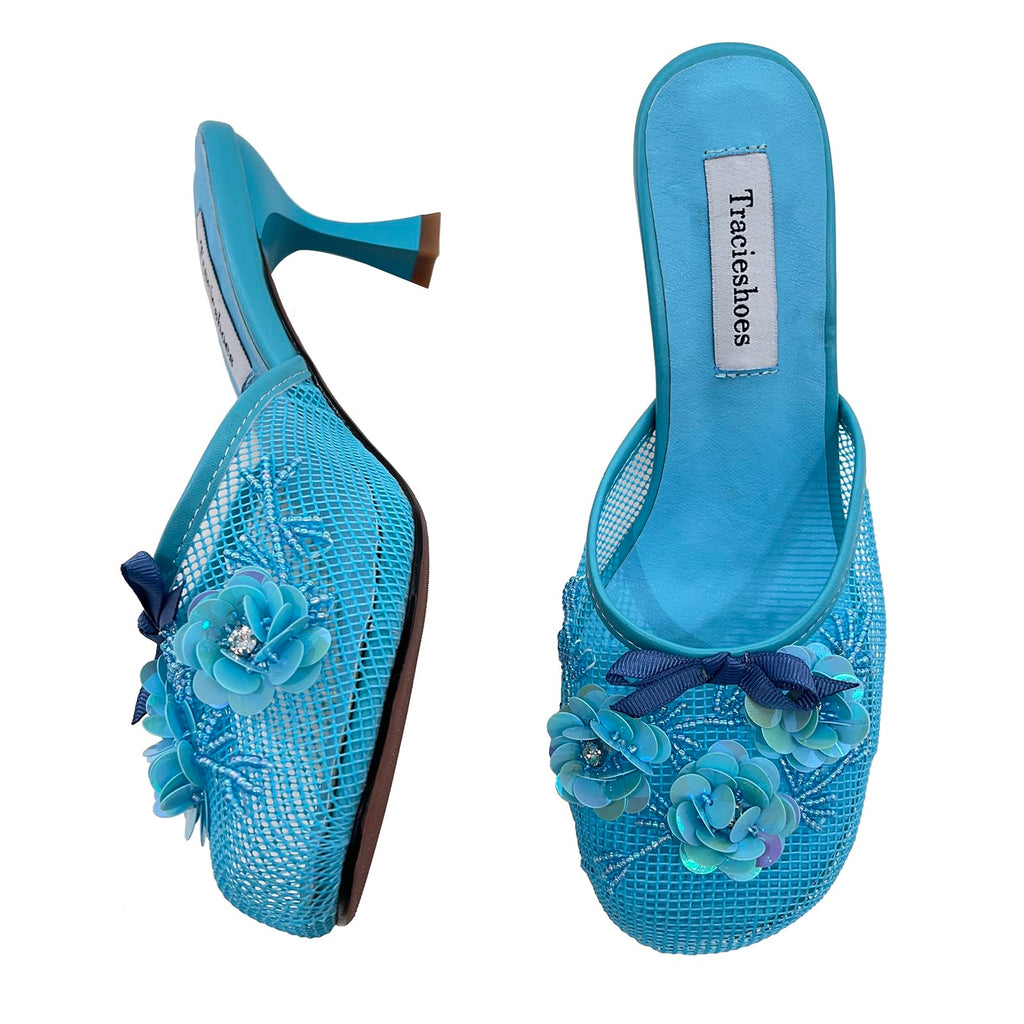 Tracieshoes Women's Mesh Mule Slip On Sandals With Floral Sequin Embellishments Round Toe Middle 2.5 Inch Heel Slides Slippers Blue