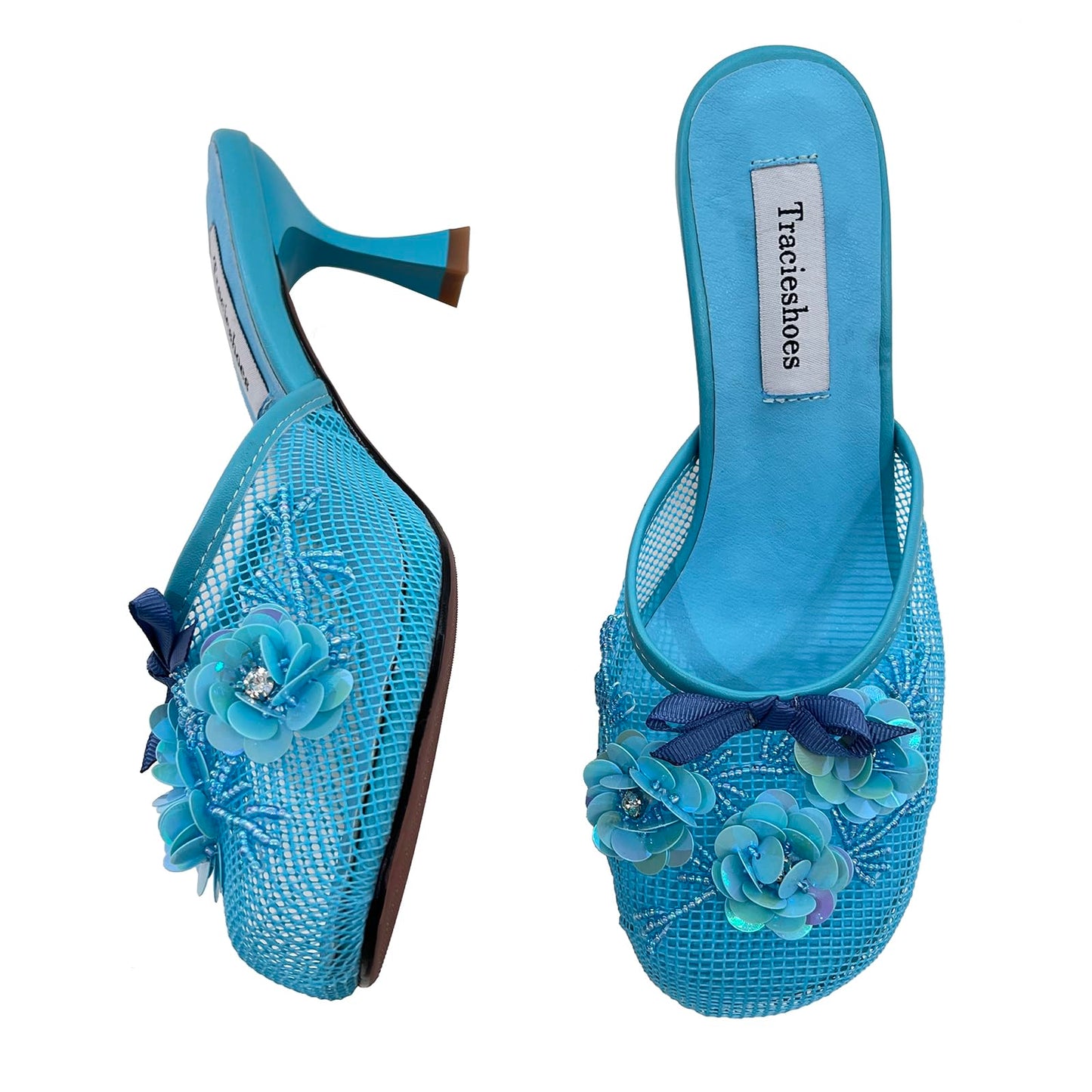Tracieshoes Women's Mesh Mule Slip On Sandals With Floral Sequin Embellishments Round Toe Middle 2.5 Inch Heel Slides Slippers Blue