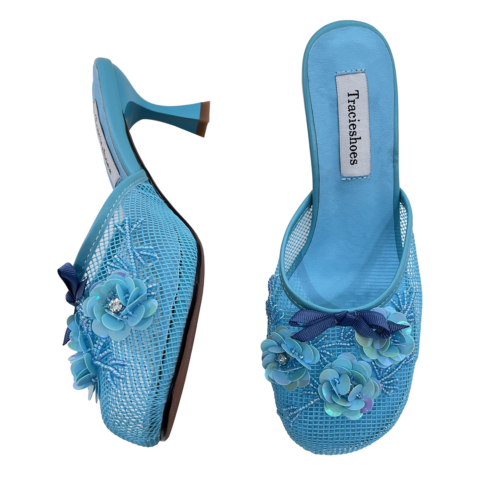 Tracieshoes Women's Mesh Mule Slip On Sandals With Floral Sequin Embellishments Round Toe Middle 2.5 Inch Heel Slides Slippers Blue