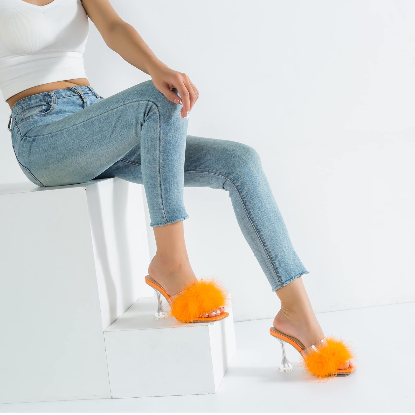LIURUIJIA Women's Square Toe Feather Fluffy Fuzzy Heels High Heeled Dress Sandals Wedding Bridal Party Shoes Orange