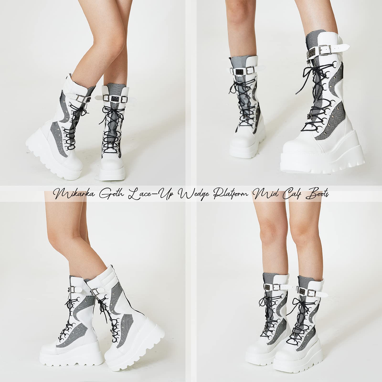 White mikarka Womens Holographic Platform Mid Calf Wedge Combat Boots