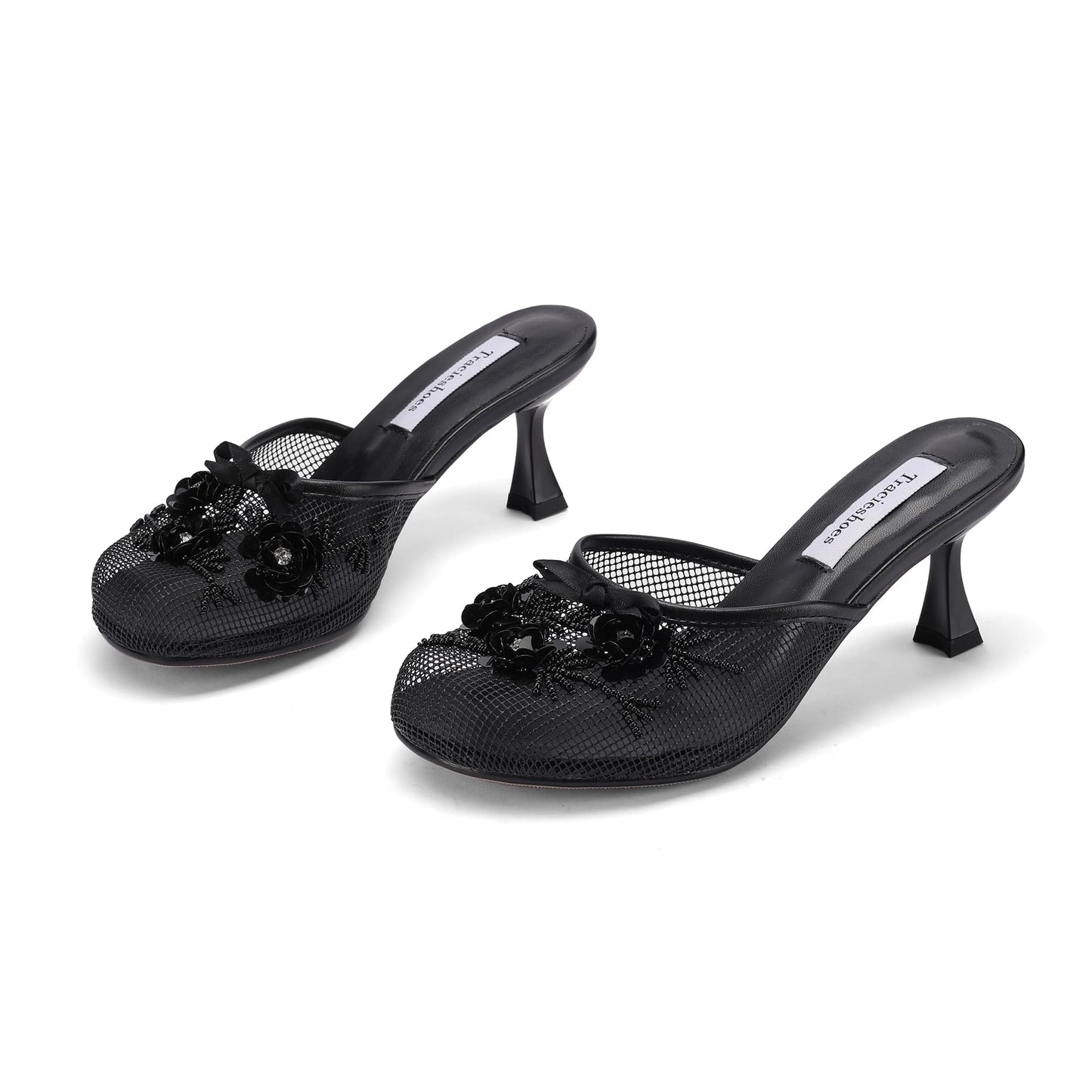 Tracieshoes Women's Mesh Mule Slip On Sandals With Floral Sequin Embellishments Round Toe Middle 2.5 Inch Heel Slides Slippers Black