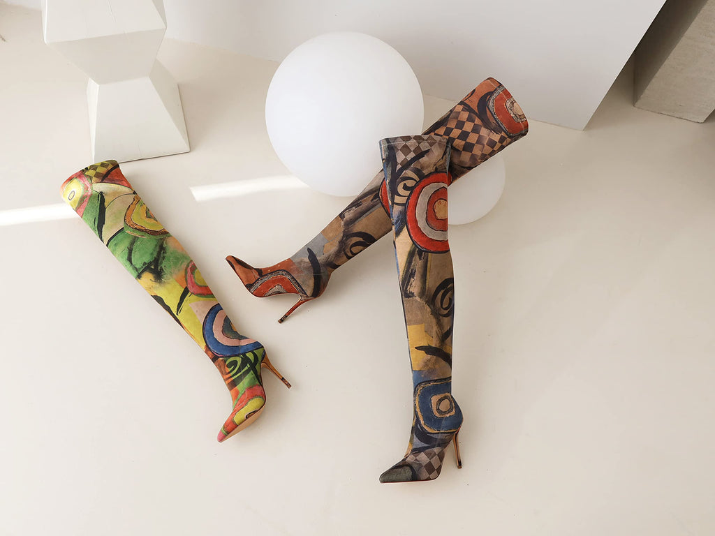 vivianly Women's Sexy Printed Stretchy Thigh High Boots Pointy Toe Stiletto Heel Booties Over The Knee High Heel Boot Size 7