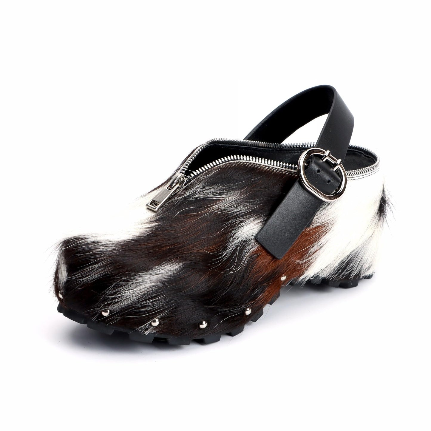 XOBZJH Women’s Natural Cow Print Fur Platform Clogs with Decorative Zipper & Adjustable Buckle Strap – Western Slip-On Punk Rivet Mules with Arch Support, Chunky Retro Rustic Style