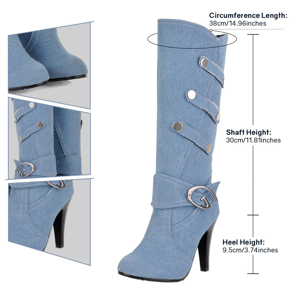 Uniquelly Womens Denim Knee High Boots Stiletto High Heel Mid Calf Slip On Round Toe Classic Retro Winter Shoes (light blue,US7)