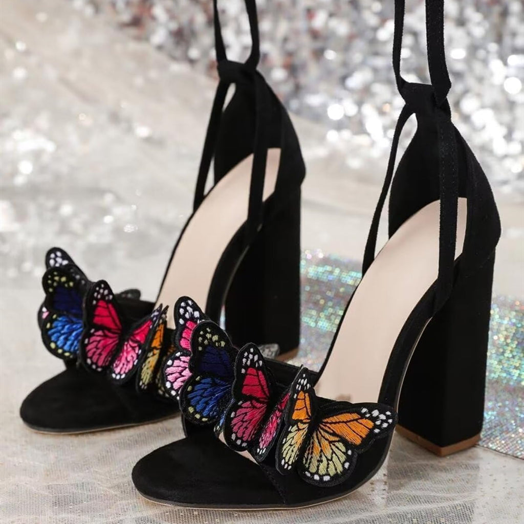 Strappy Sandals for Women Butterfly Ankle Wrap Block Heeled Sandals Open Toe Lace-up Chunky Heels Sandal Wedding Bride Dressy Pumps