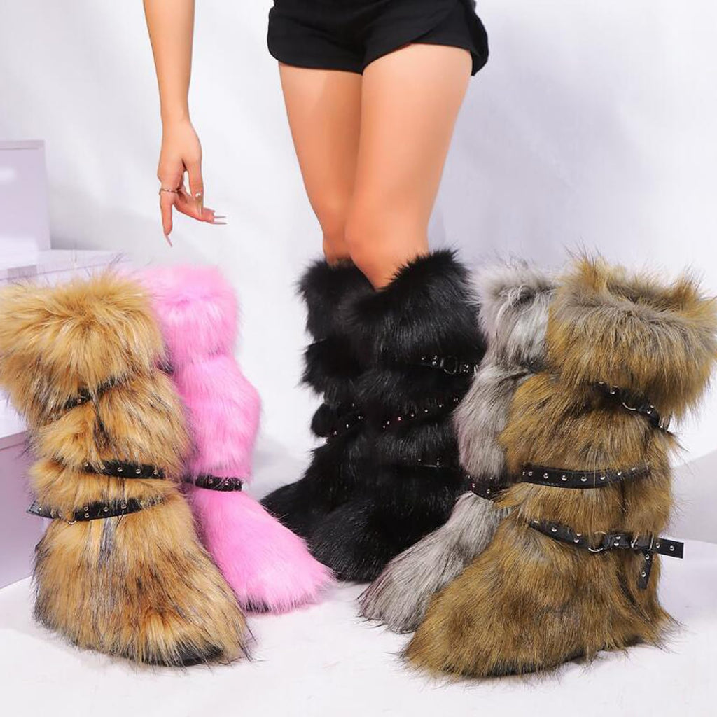 Valpeak Womens Faux Fur Boot Winter Fluffy Long Furry Boots for Girls Outdoor Fuzzy Knee-High Boots(Brown,