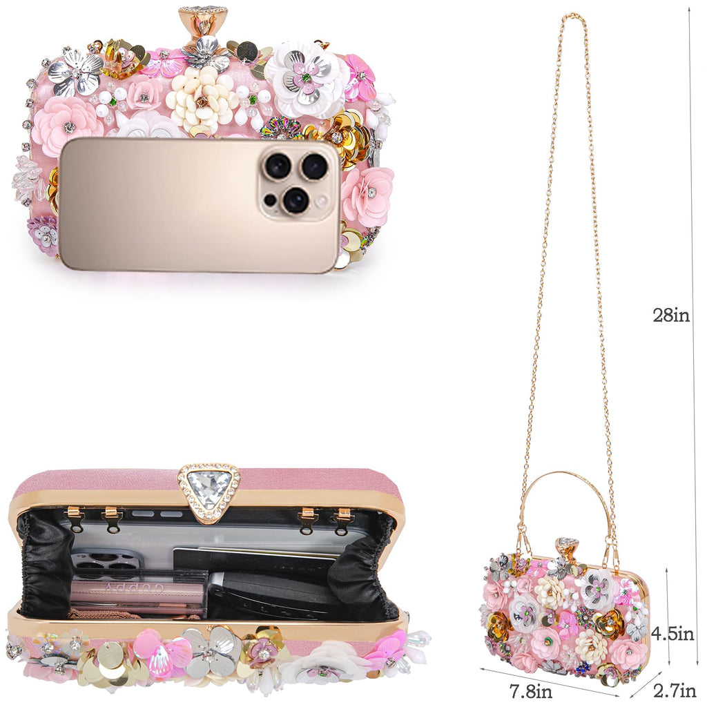 BBTT.ful Women Clutches Flower Evening Handbags Chain Strap Shoulder Bag Wedding bag purse (Pink)