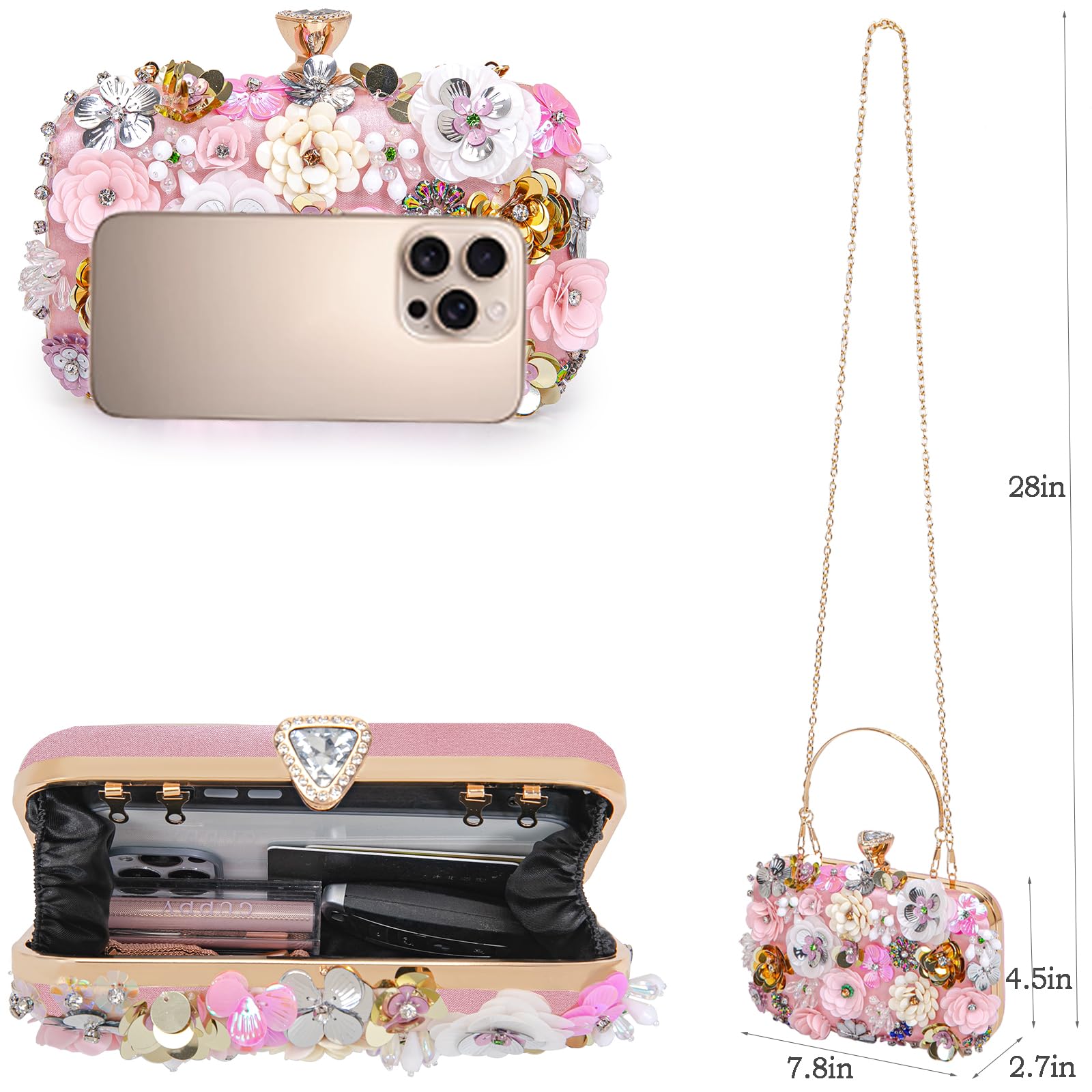 BBTT.ful Women Clutches Flower Evening Handbags Chain Strap Shoulder Bag Wedding bag purse (Pink)