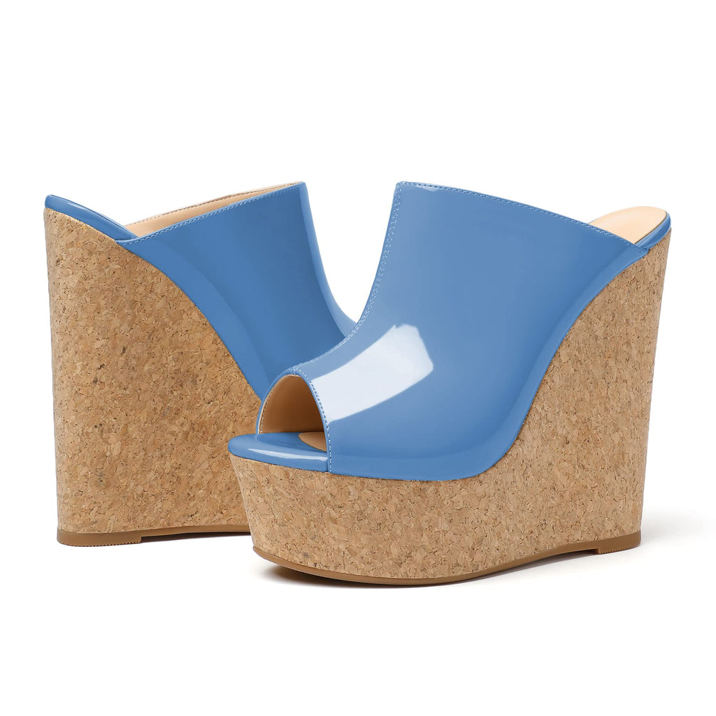 SAMMITOP Women's Platform Wedge Open Toe Sandals,Ladies Slip On Wedge Mule Shoes Blue