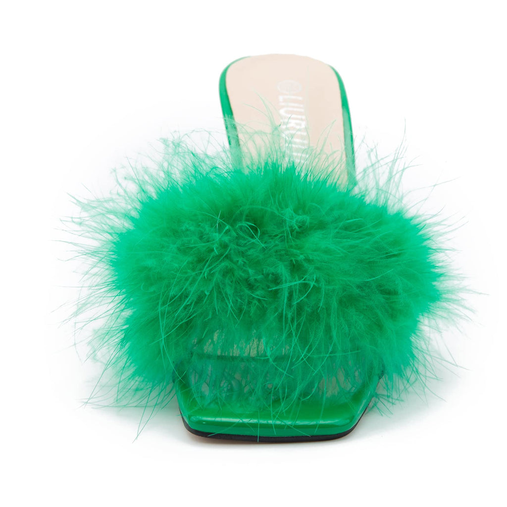 LIURUIJIA Feather High Heel Mules Sandals for Women Slip On Square Toe Clear Tapered Chunky Heels Fuzzy Fluffy Bridal Wedding Party Sexy Shoes Green