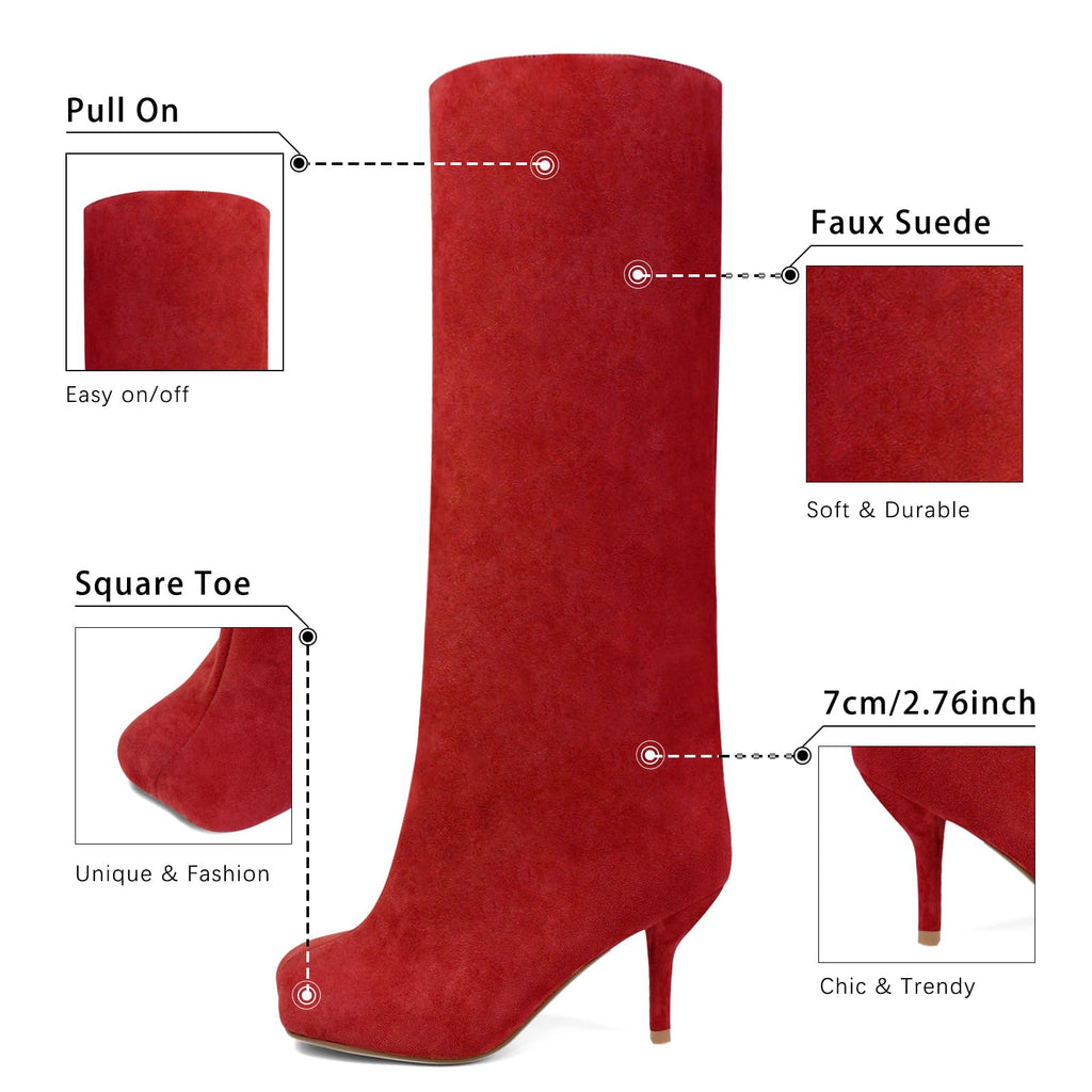 VOZTOLLS Knee High Boots Women Square Toe Kitten Heel Tall Boots Suede Wide Calf Pull-on Comfortable Fashion Dress Heeled Long Boots Red Size 7