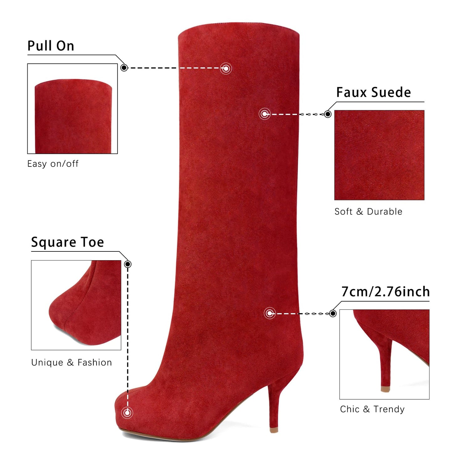 VOZTOLLS Knee High Boots Women Square Toe Kitten Heel Tall Boots Suede Wide Calf Pull-on Comfortable Fashion Dress Heeled Long Boots Red Size 7