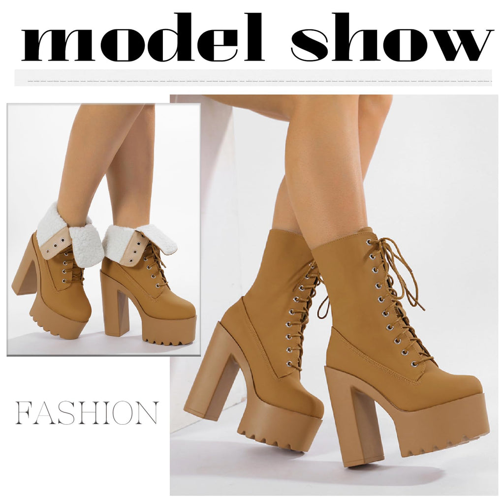 Women's Leather Platform Chunky High Heel Mid Calf Boots Warm Fur Lined Comfortable Round Toe Lug Sole Block Heel Lace Up Combat Boots Winter Fashion Party Increase Boots (brown