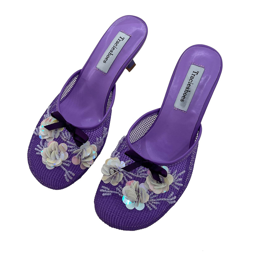 Tracieshoes Women's Mesh Mule Slip On Sandals With Floral Sequin Embellishments Round Toe Middle 2.5 Inch Heel Slides Slippers Purple