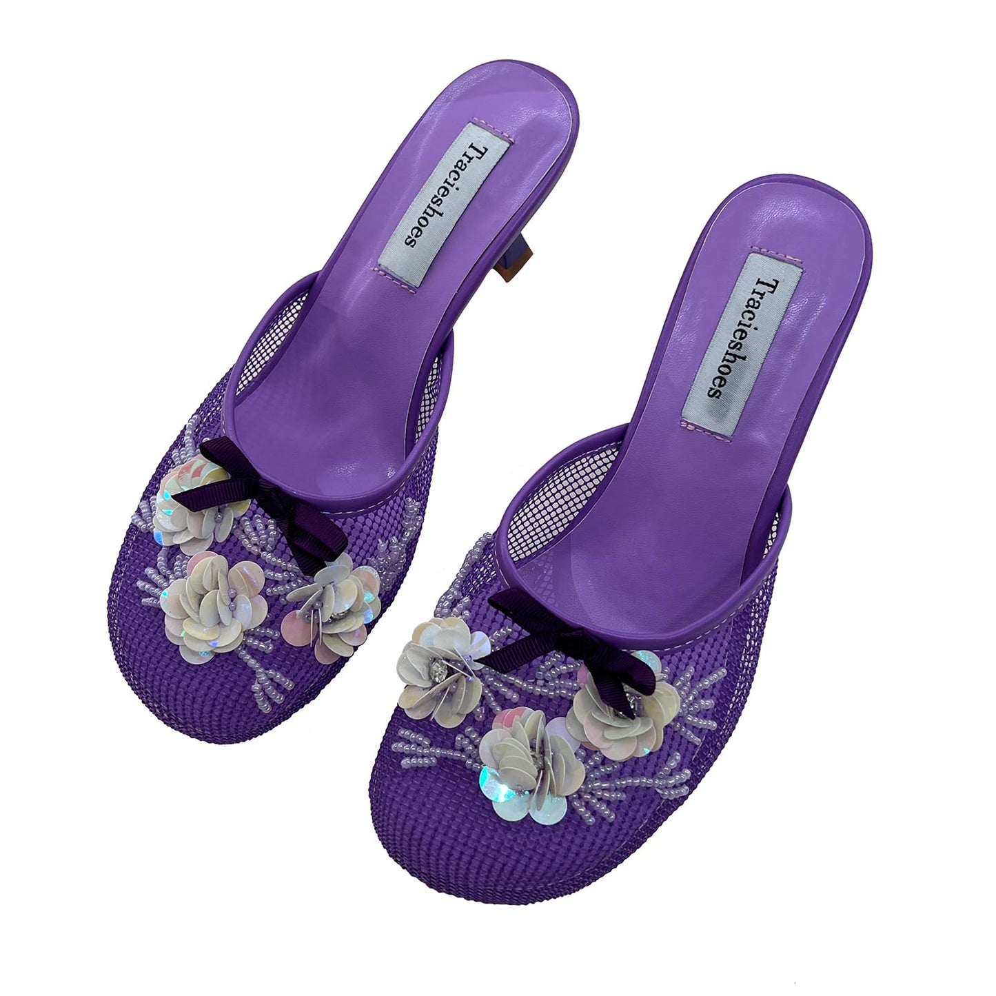 Tracieshoes Women's Mesh Mule Slip On Sandals With Floral Sequin Embellishments Round Toe Middle 2.5 Inch Heel Slides Slippers Purple