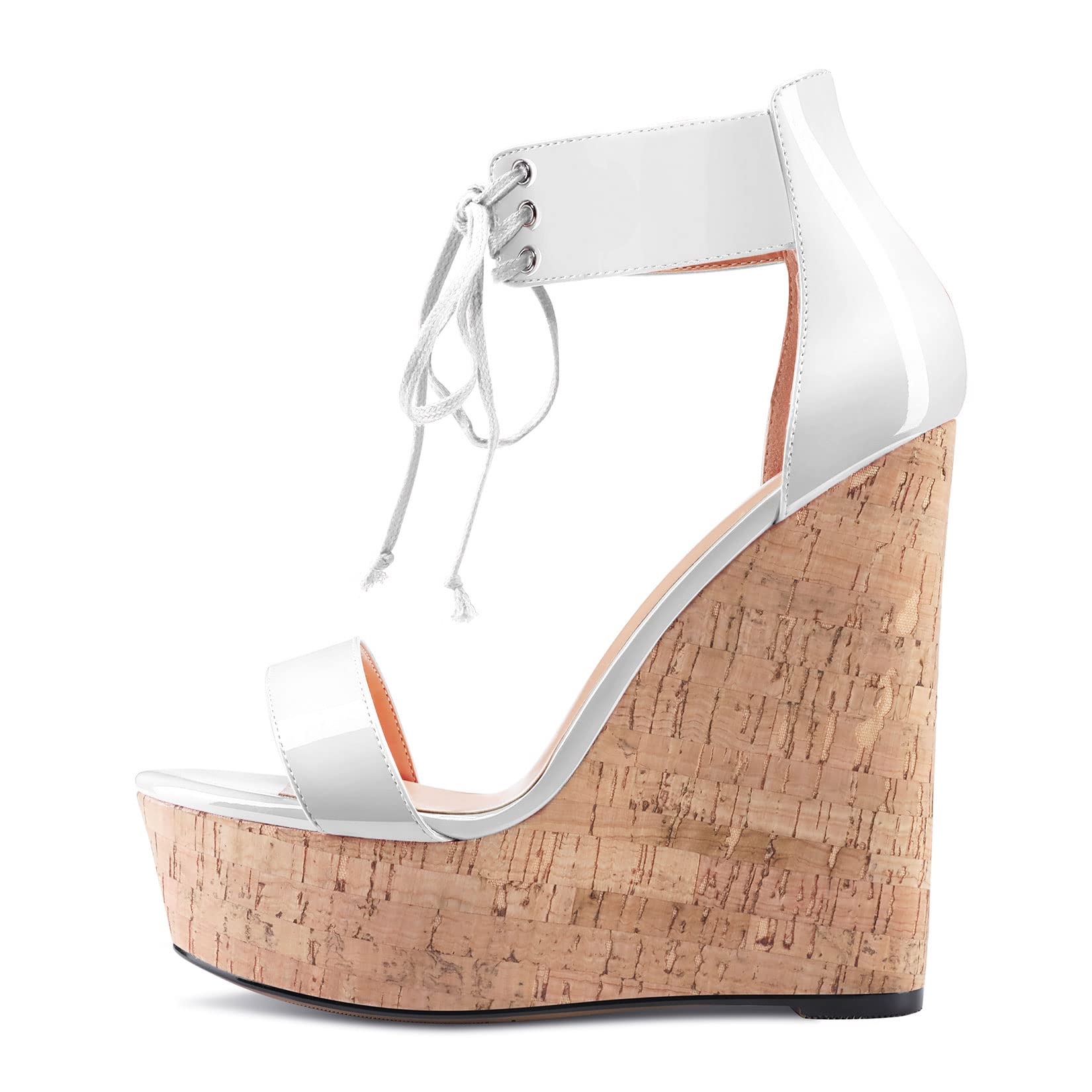 Aachcol Women Platform Wedge Sandals Round Peep Open Toe Lace-up Ankle Strap Slingback Two-Piece Chunky Block High Heel Dress Shoes Pumps Party Patent White 6 Inch